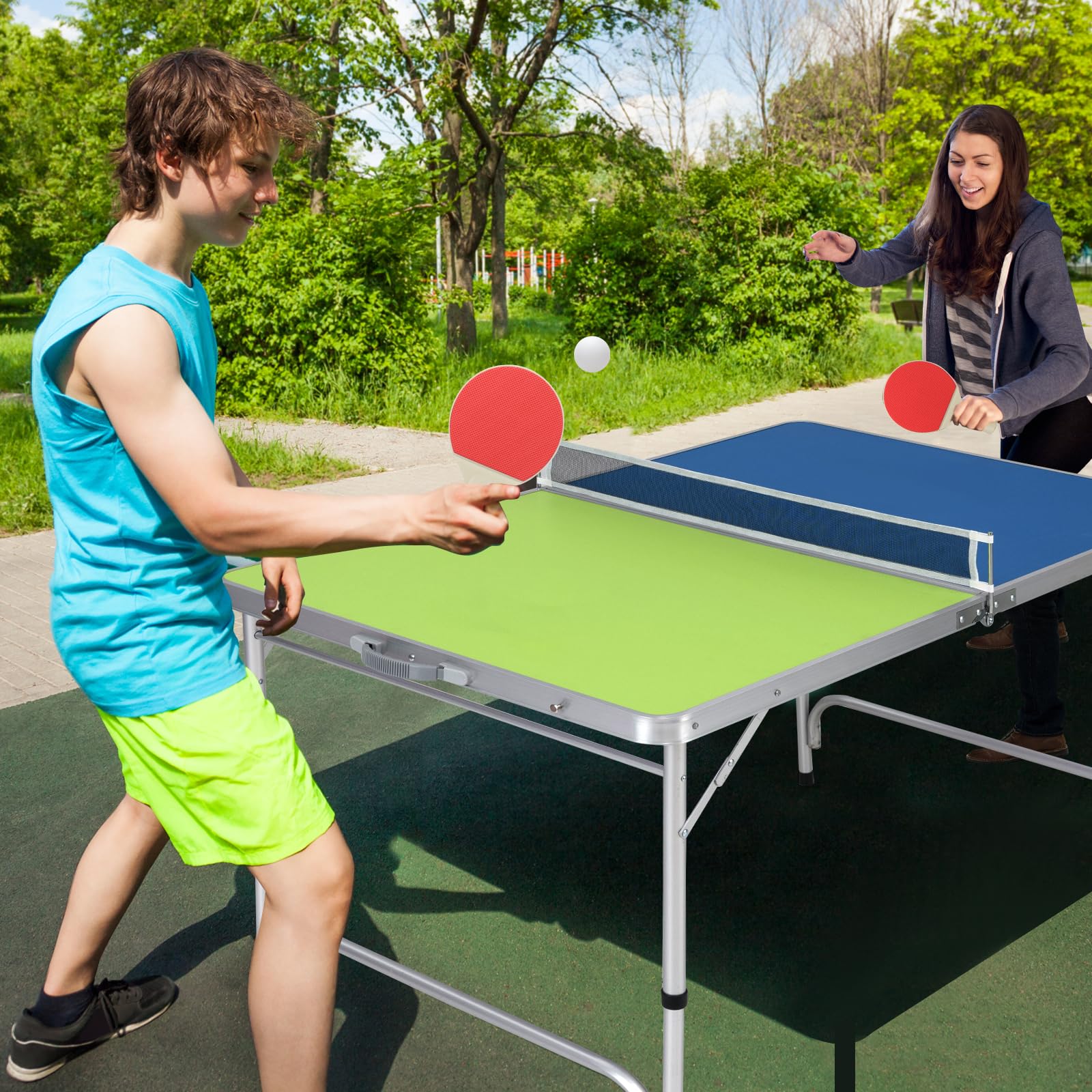 Goplus Foldable Ping Pong Table - 100% Preassembled Indoor Outdoor Table Tennis Set with Net, 2 Paddles & Balls | Portable for Backyard, Garage, Office & Family Game Night