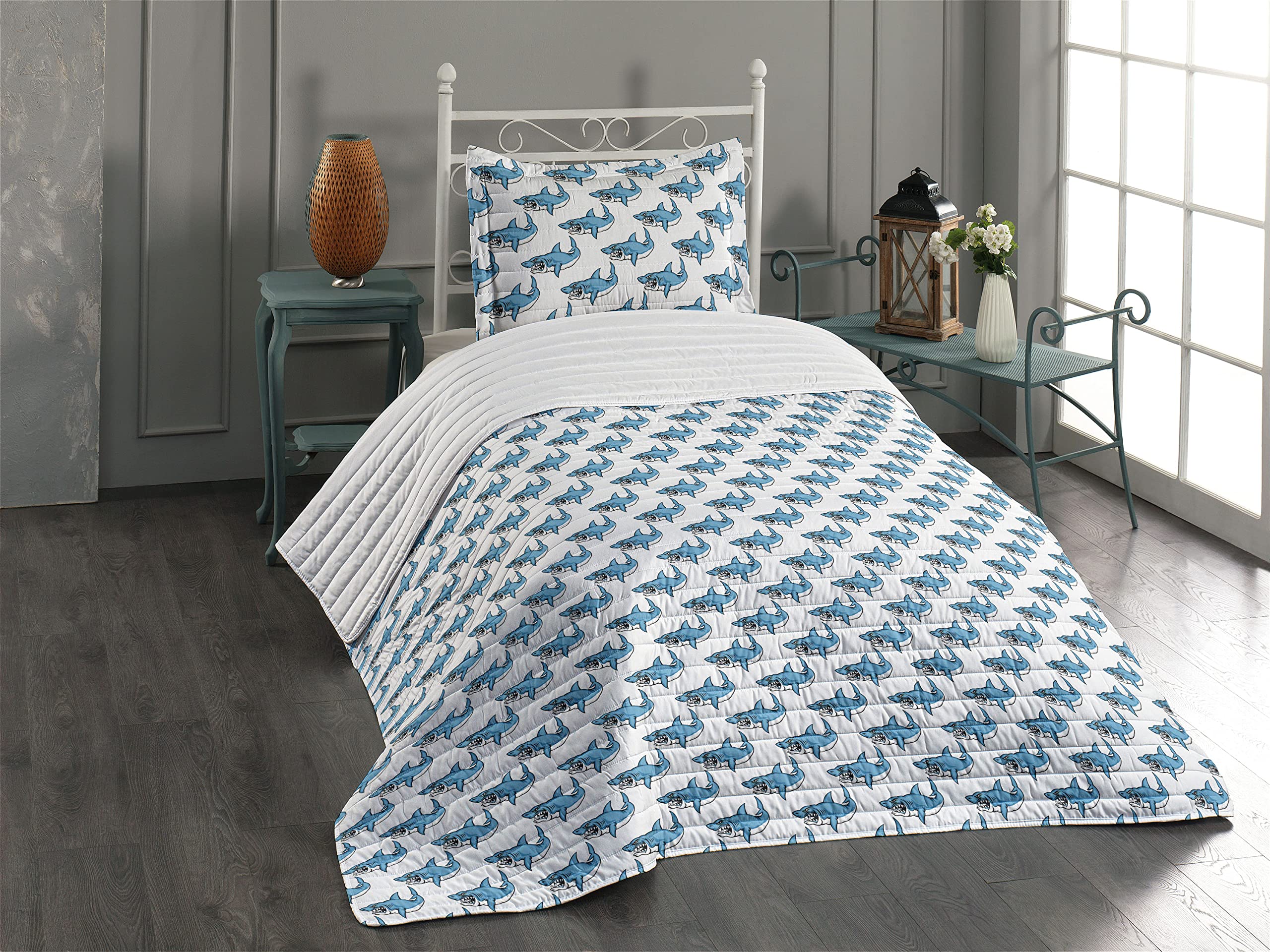 Ambesonne Shark Microfiber Bedspread Set - Twin Size Blue & White Nautical Theme with Pillow Sham & Comforter | Soft Predator Shark Pattern Bedding for Kids Room, Beach House Decor or Ocean Lover's Bedroom