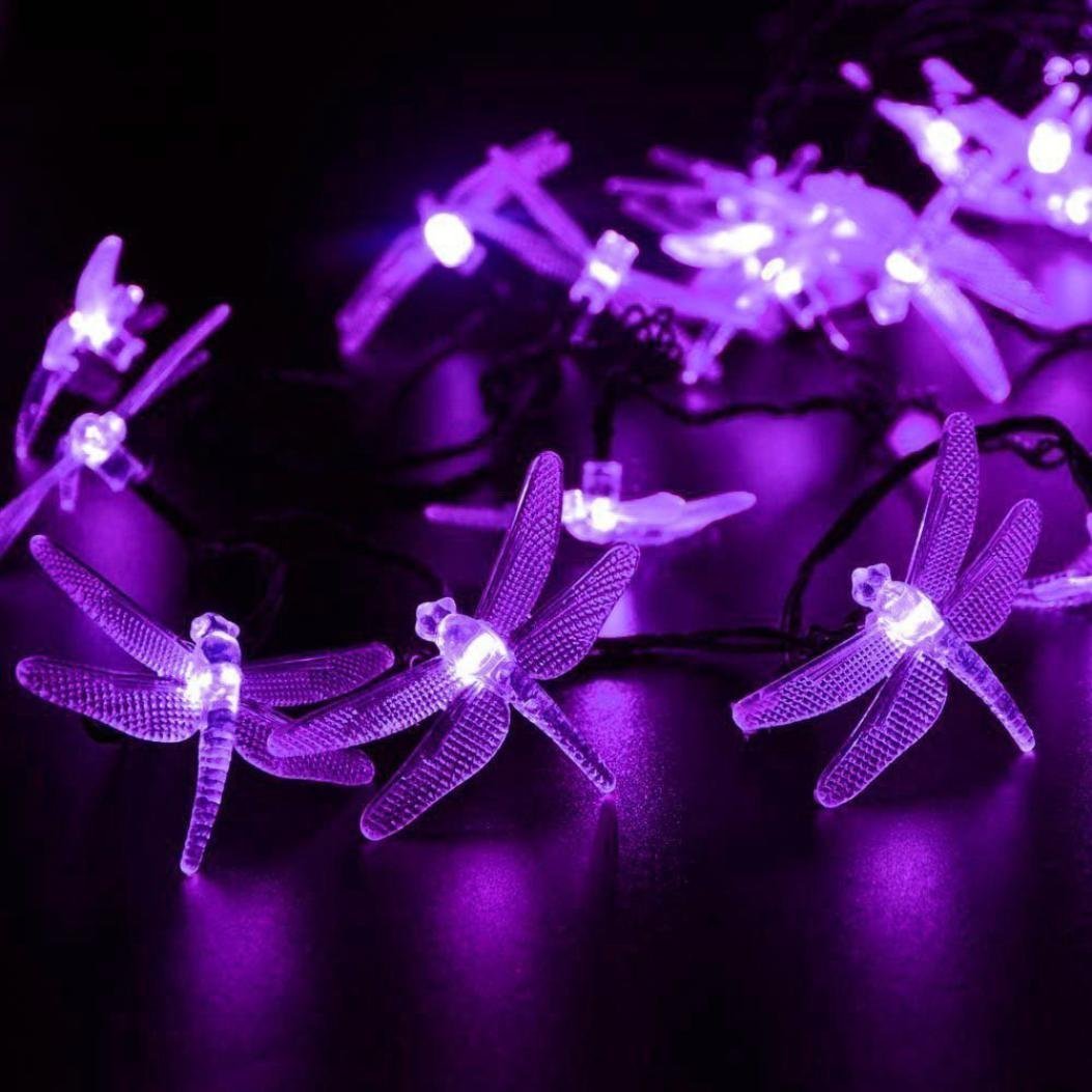 30 LED Solar Dragonfly String Lights - 20FT/6M Waterproof Outdoor Fairy Lights for Garden, Patio, Lawn, Christmas & Holiday Decorations (Purple) - Perfect for Backyard Parties, Wedding Decor & Landscape Lighting