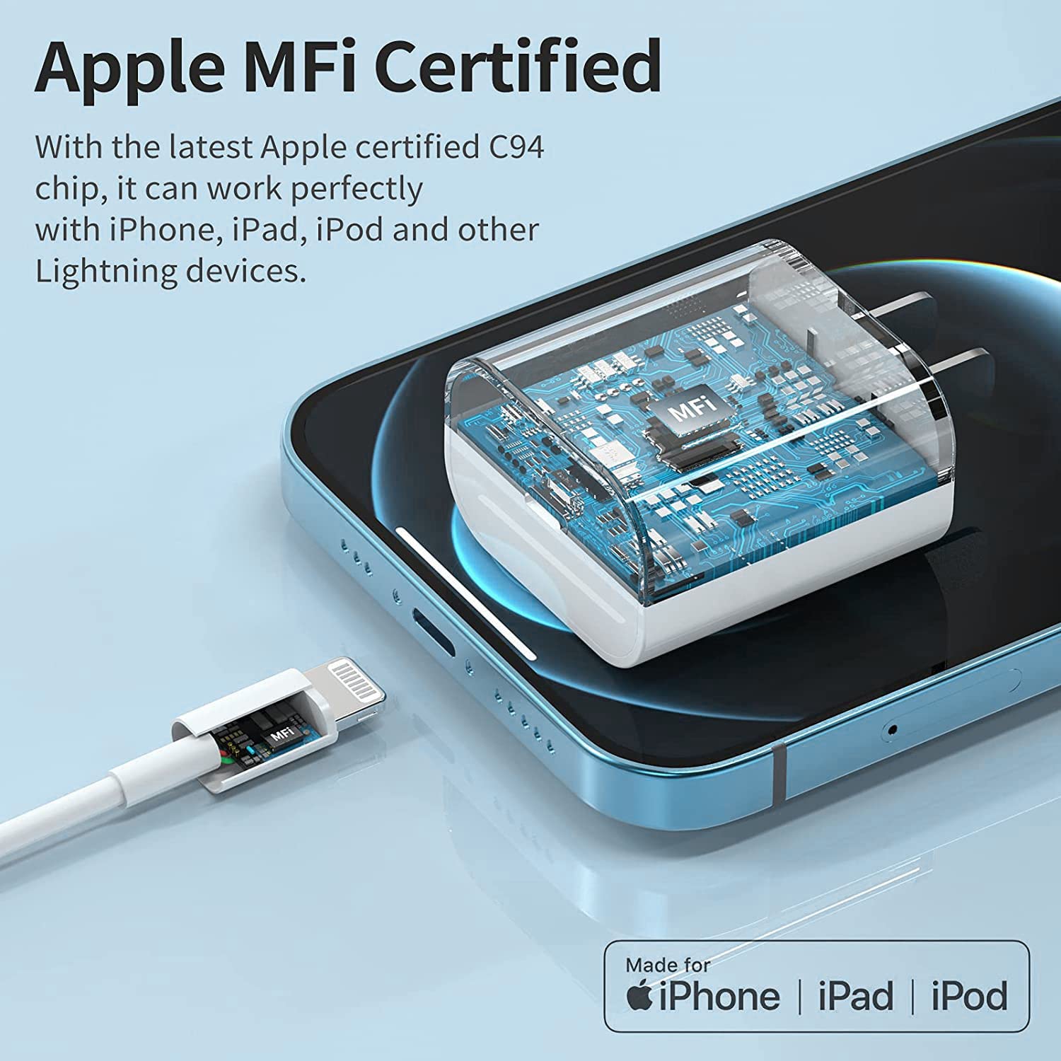Apple MFi Certified 20W Fast Charger with Lightning Cable - USB C Power Adapter for iPhone 14/13/12/11/XS/XR/X & iPad - Quick Charge for Home, Office & Travel