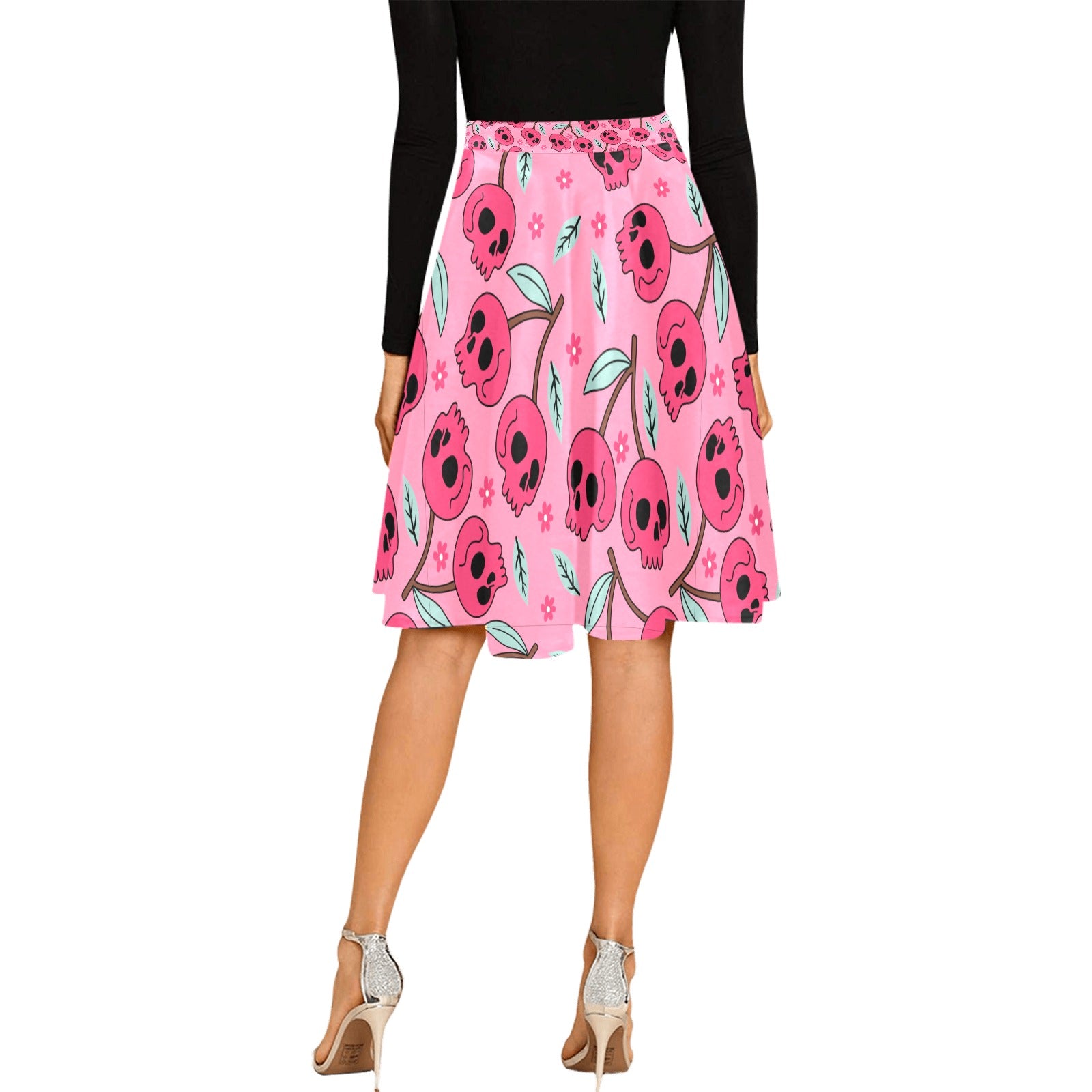 Pink Cherry Skulls Pleated Midi Skirt - Women's Gothic A-Line Skirt for Casual Wear, Party & Halloween Outfits | Trendy Kawaii Fashion Skirt for Teens & Adults