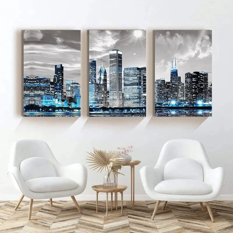 3-Piece Modern City Night Skyline Metal Wall Art Prints - Ready to Hang Home Decor for Living Room, Bedroom & Office