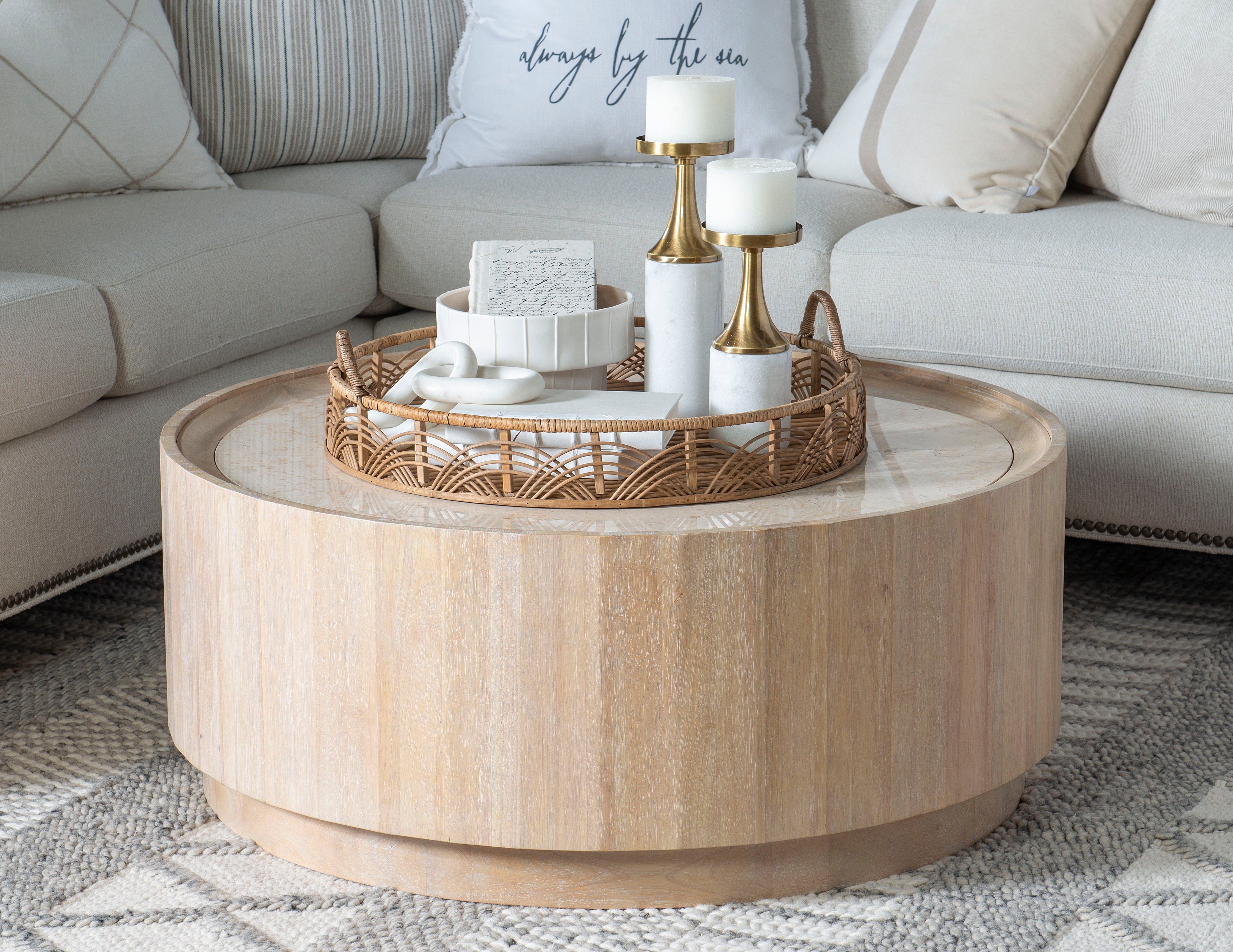 Biscayne Round Cocktail Table with Travertine Top in Beige - Perfect for Living Room, Lounge, and Outdoor Patio Decor