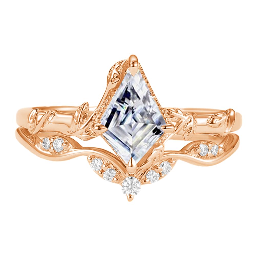 10K & 14K Gold Kite Cut Gemstone Diamond Wedding Ring Set for Women - Vintage Art Deco Bridal Ring Set with Leaf Design - Perfect Engagement, Promise, Anniversary & Christmas Gift for Bride & Mother - Ideal for Weddings, Proposals & Special Occasions