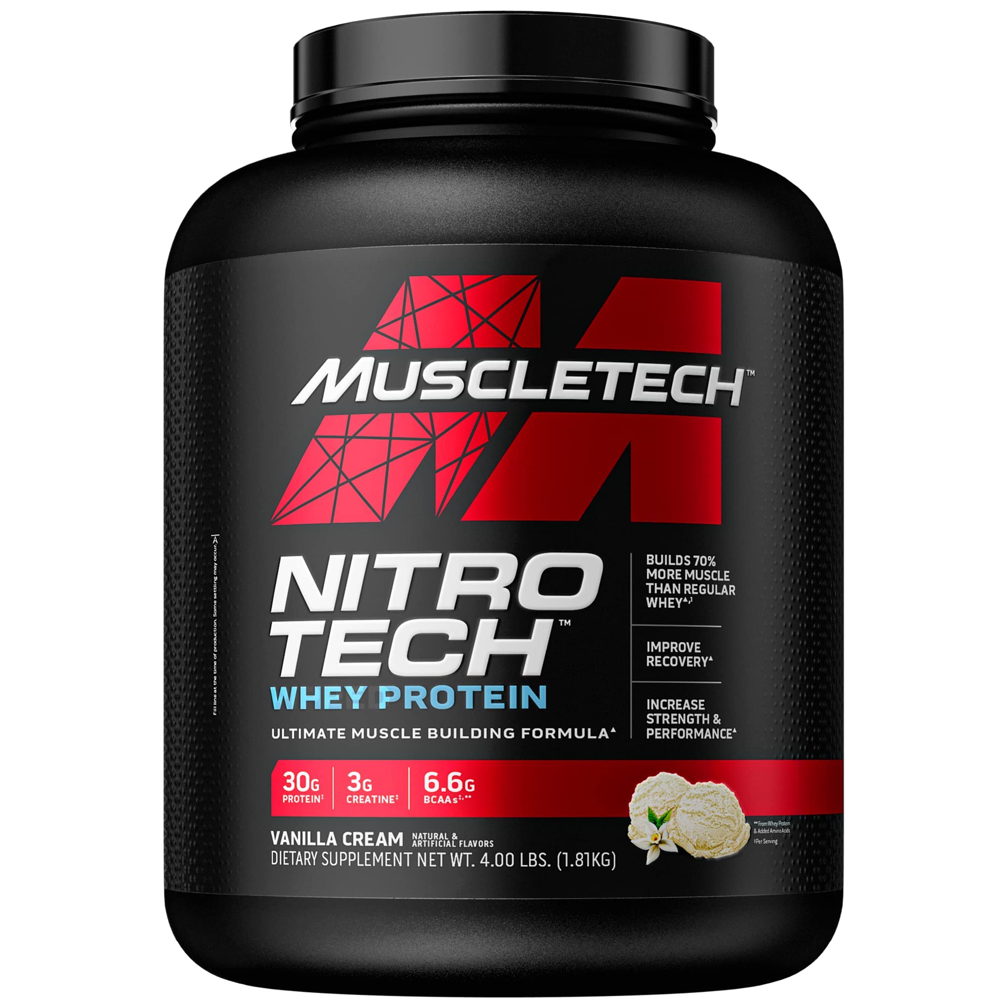 Nitro-Tech Whey Protein Isolate & Peptides Powder - 4lb (40 Servings) | MuscleTech Premium Protein Supplement with Creatine for Muscle Growth & Recovery | Ideal for Bodybuilding, Workout Recovery & Fitness Enthusiasts | Vanilla Flavor for Men & Women