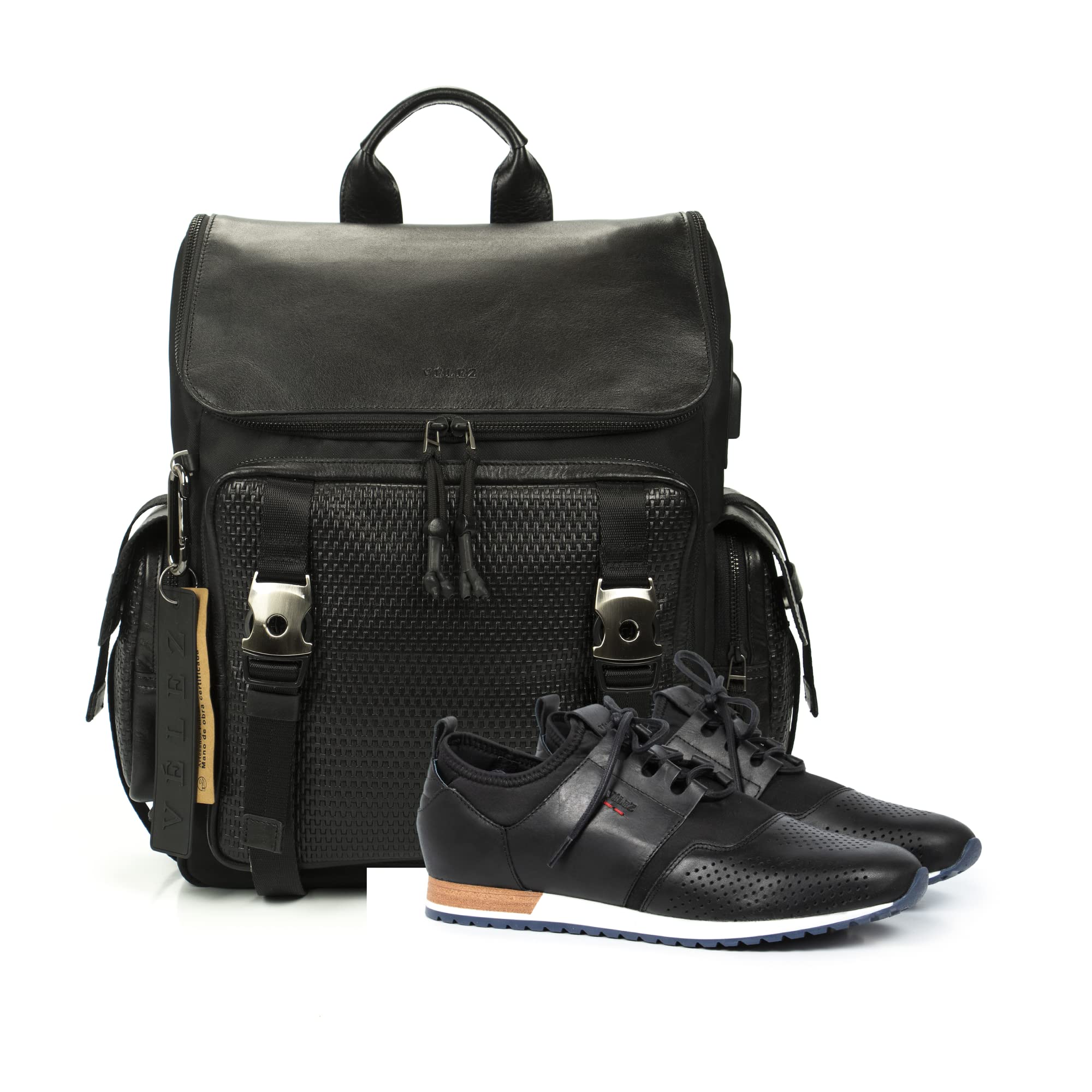 VELEZ Men's Archaeology Black Backpack & Black Neoprene Leather Shoes Size 10.5 - Durable Travel Backpack & Stylish Casual Shoes for Outdoor Adventures, Work & Daily Use