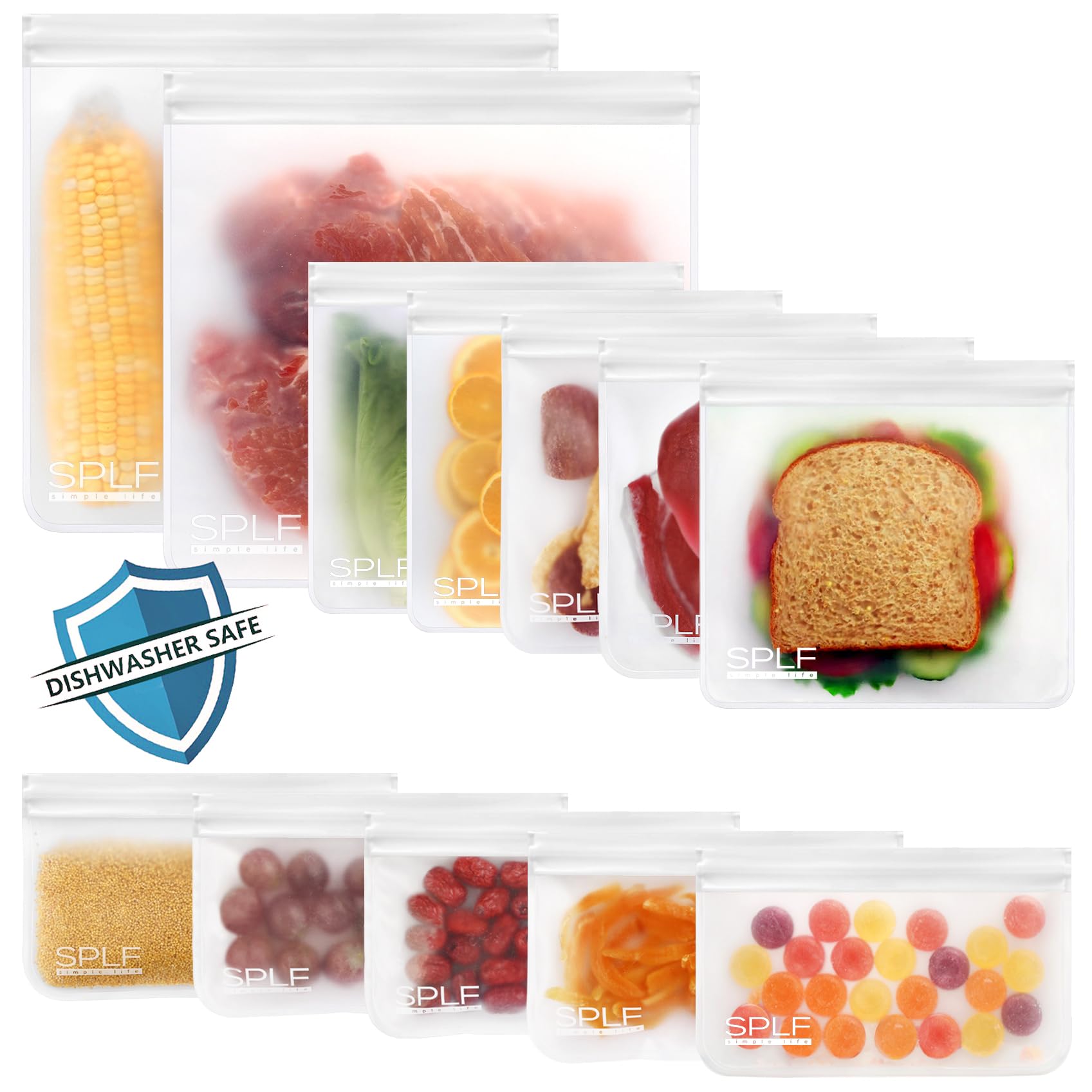 SPLF 12-Pack Reusable Food Storage Bags - 5 Sandwich, 5 Snack & 2 Gallon BPA-Free Freezer Bags | Leakproof Silicone & Plastic-Free | Dishwasher Safe for Fridge & Lunch Organization | Perfect for Meal Prep, School Lunches & Camping