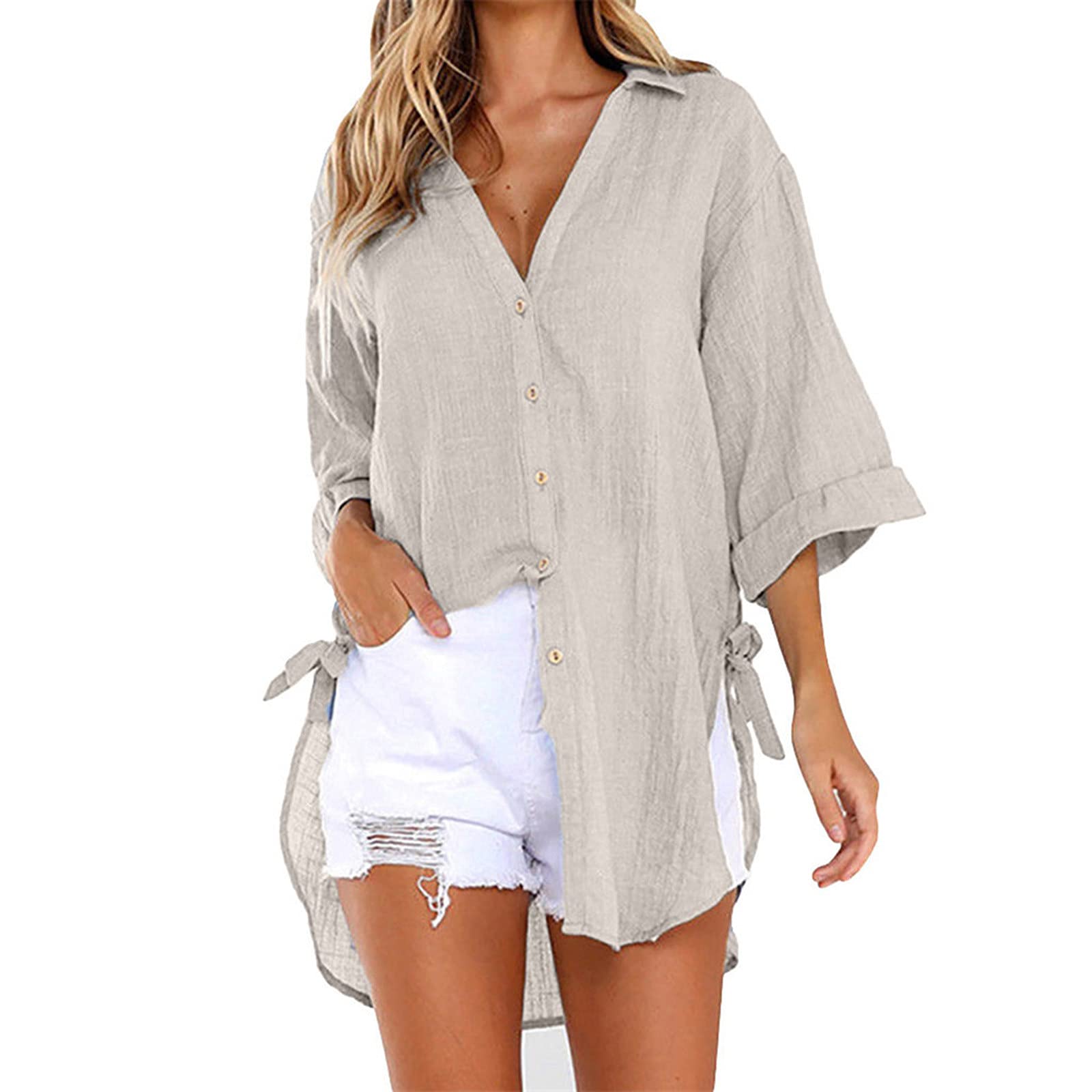 Tie Dye Floral Button Down V-Neck Sleeveless Tank Top for Women Plus Size XX-Large in Khaki - Summer Casual Wear, Beach Outfit, Boho Style Tunic Blouse