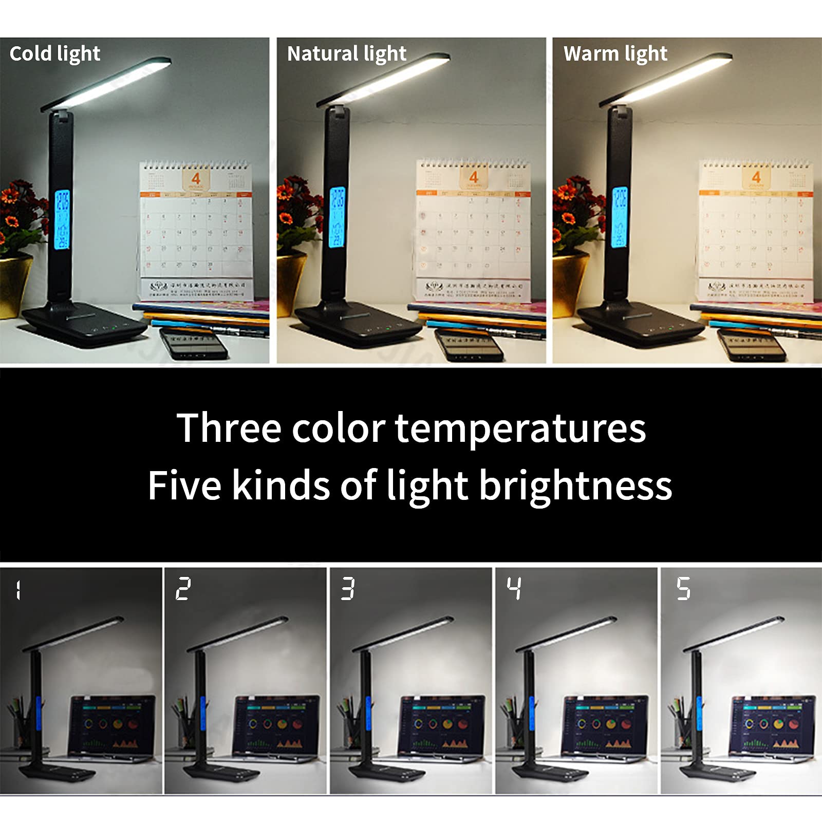 10W Wireless Charging LED Desk Lamp with USB Port & Touch Control - 3 Color Modes, 5 Brightness Levels, Built-in Clock & Temperature Display - Perfect for Home Office, Study, School & Night Reading (Black)