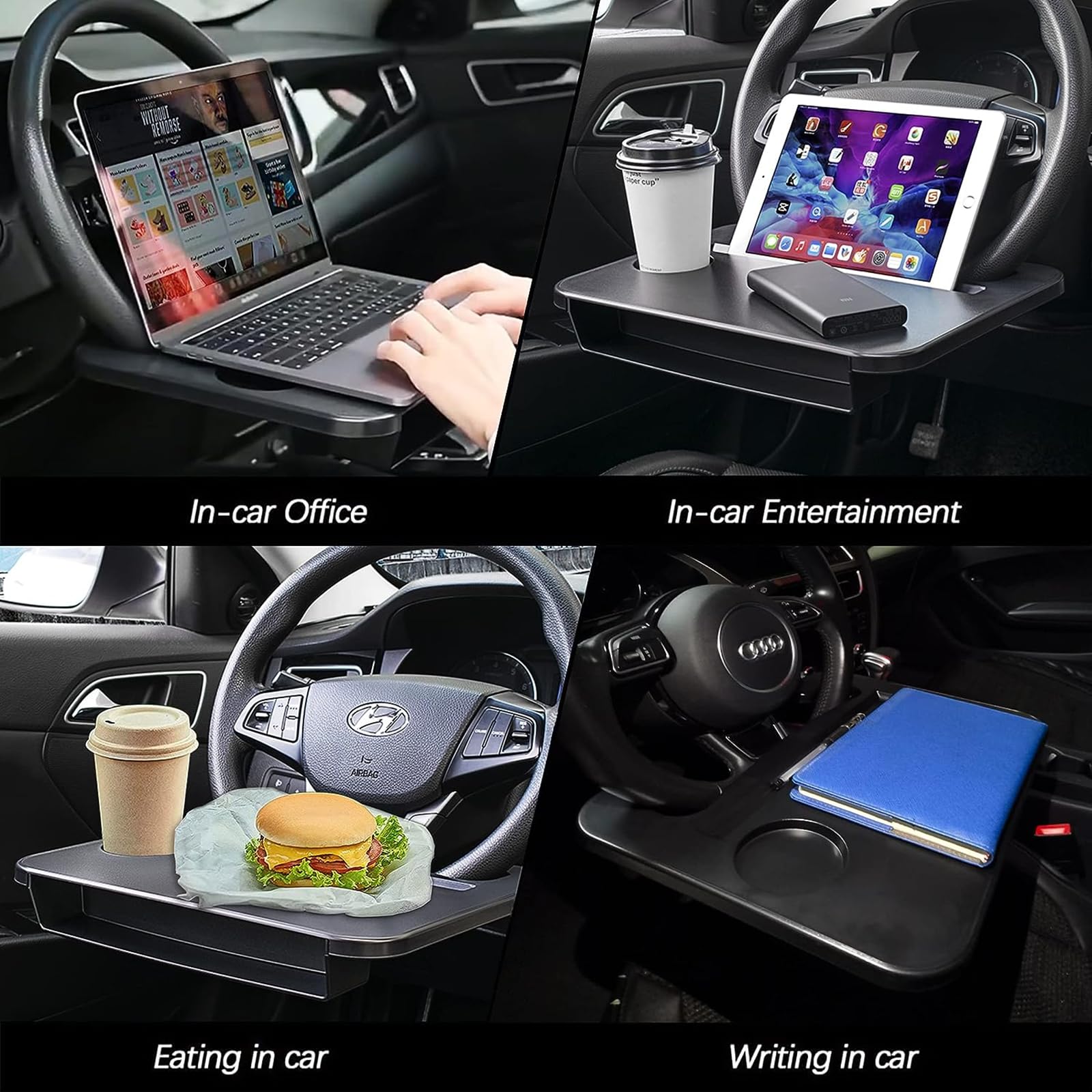 2 in 1 Car Steering Wheel Tray & Seat Gap Organizer - Multi-Purpose Laptop Mount, Food Tray & Storage Solution for Eating, Working & Road Trips - Essential Travel Car Accessories for Adults (Perfect for Commuting, Office on the Go & Long Distance Travel)