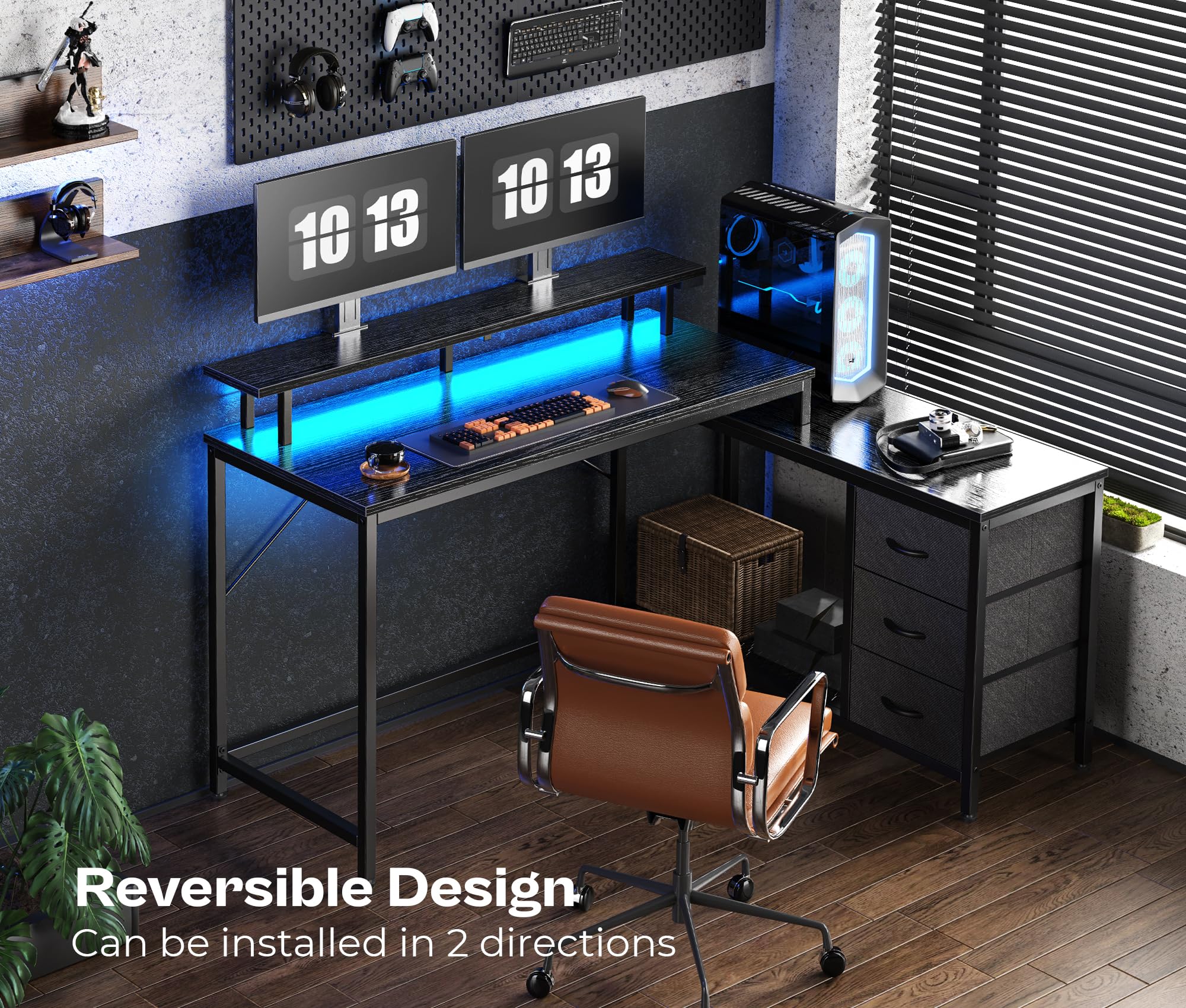 Huuger Reversible L-Shaped Computer Desk with Drawers & LED Lights - Gaming Desk with Power Outlets & Storage Shelves - Ergonomic Home Office Desk for Work & Study (Black) - Perfect for Small Spaces & Multi-Monitor Setups
