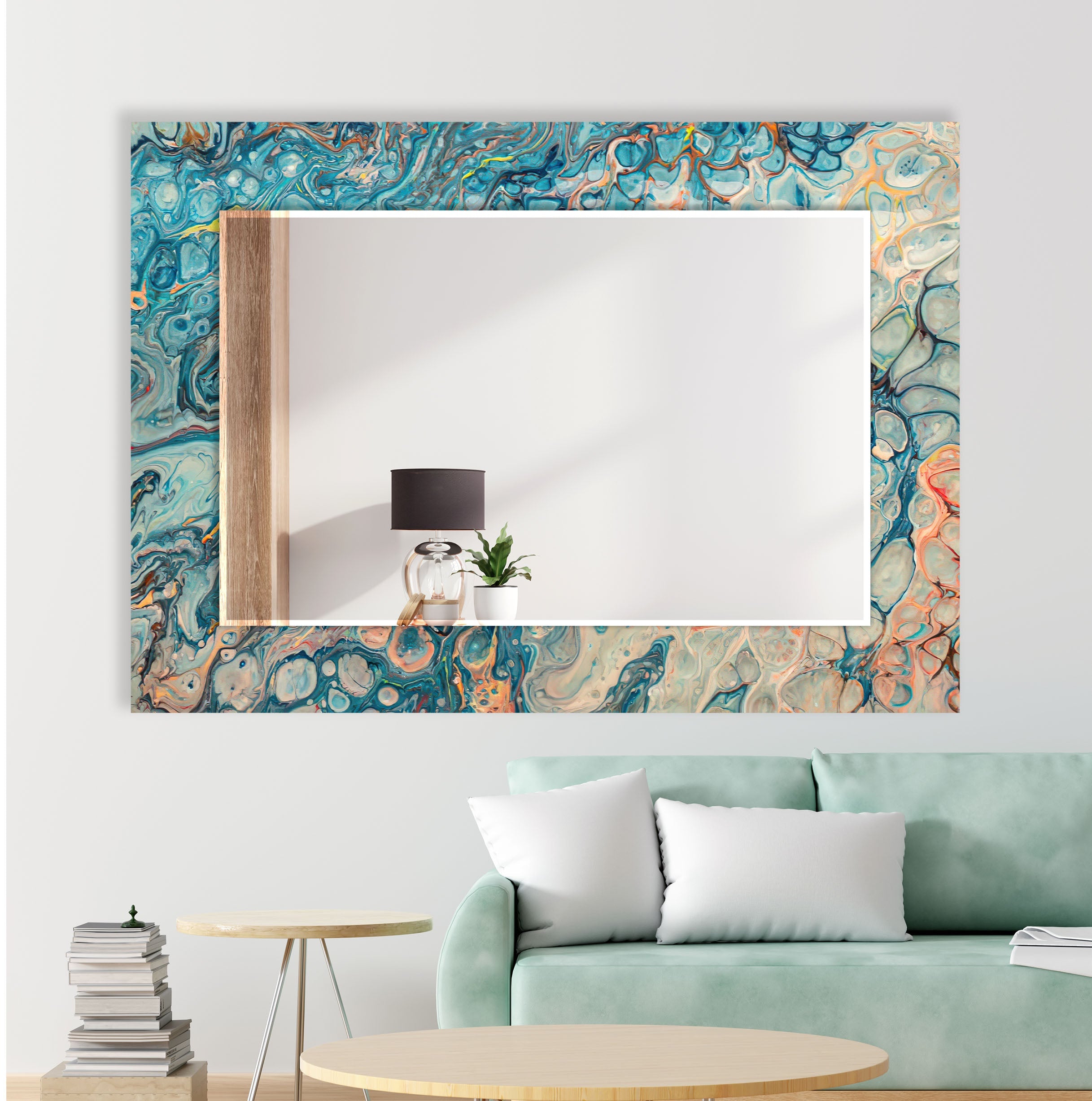Blue & Beige Abstract Wall Mirror - Modern Decorative Round Mirror for Living Room, Bedroom, Entryway - Boho Home Decor Accent Piece for Wall Hanging