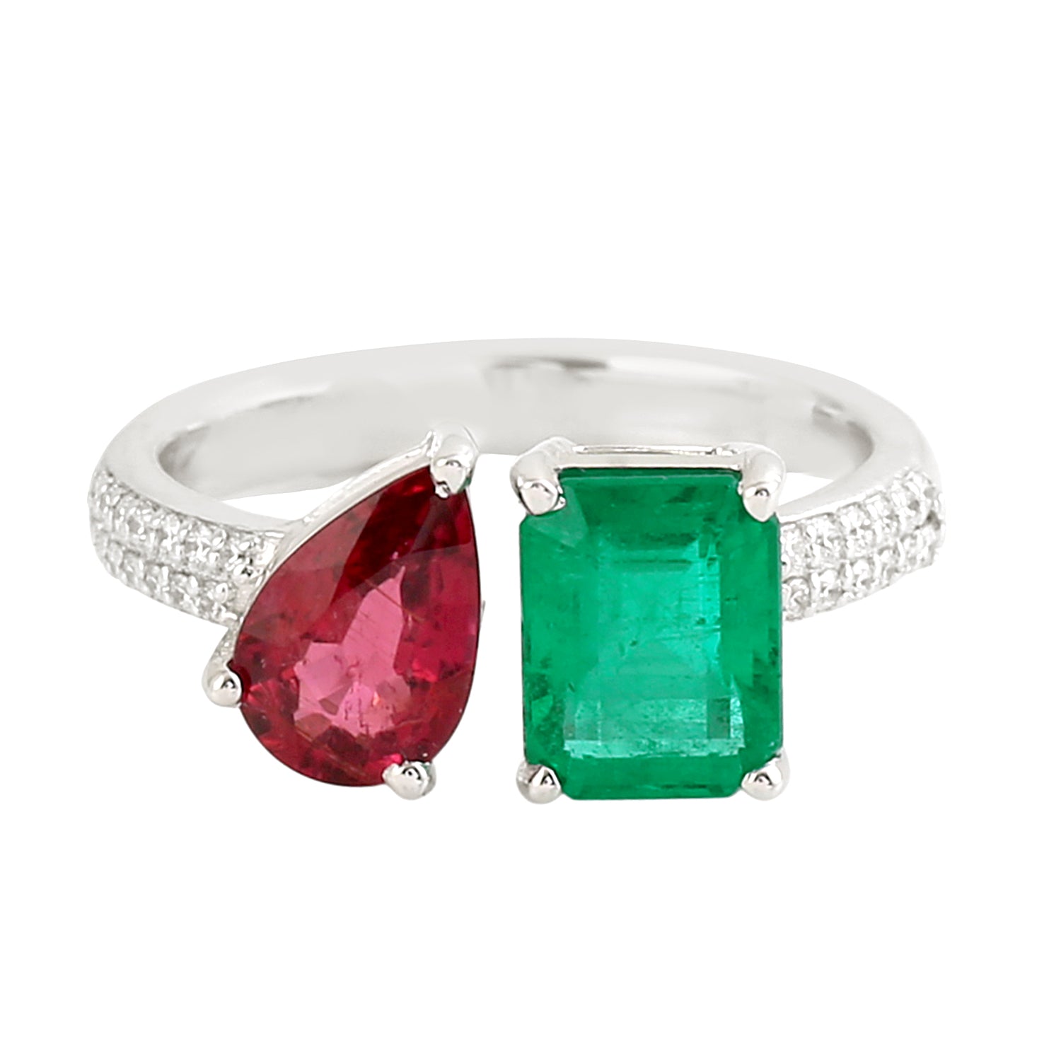 Emerald Cut Emerald and Pear Cut Ruby Pave Diamond Bypass Ring in 14K White Gold - Elegant Bridal Jewelry for Engagement, Wedding & Anniversary Gifts