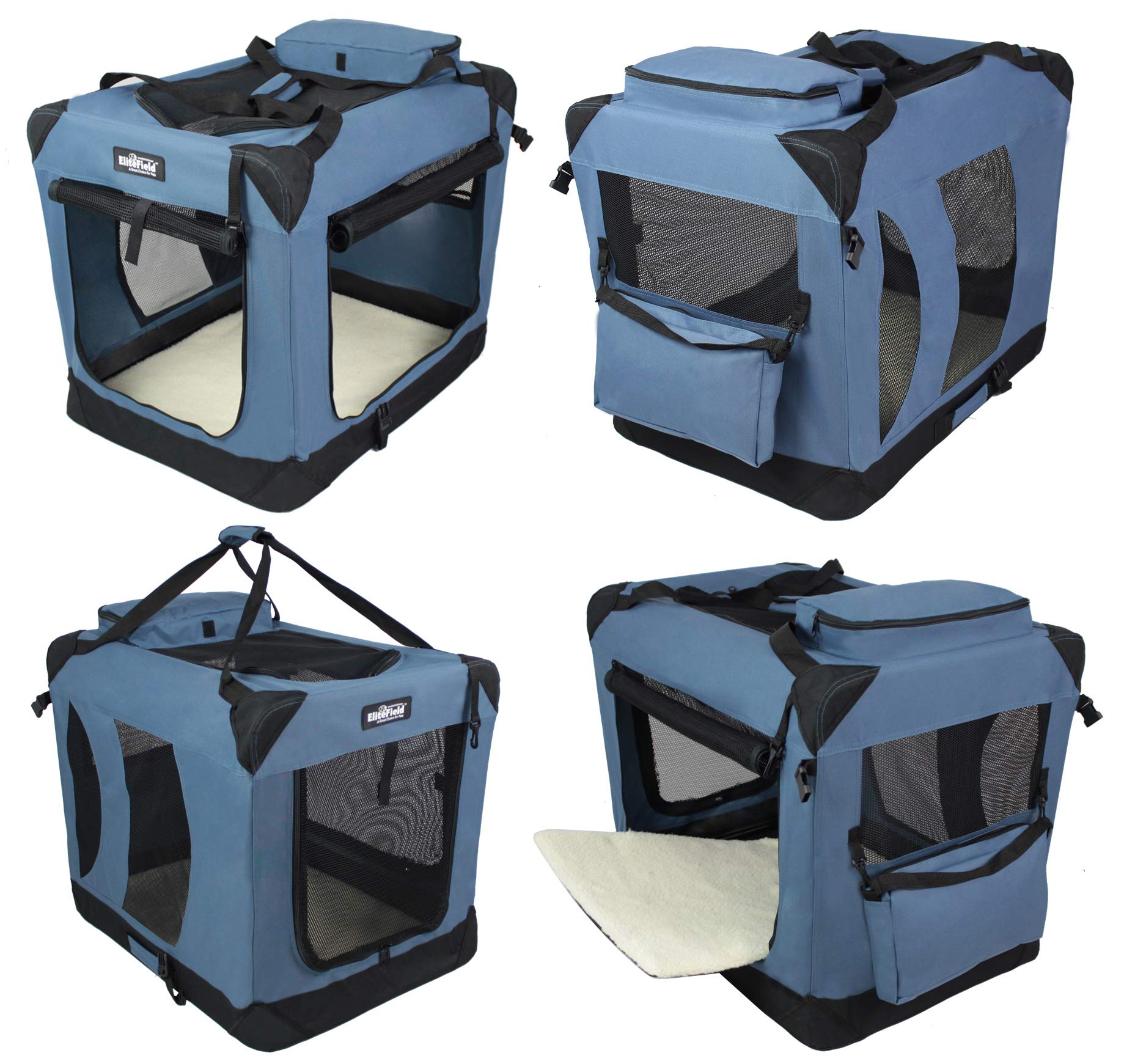 EliteField 3-Door Foldable Dog Crate with Bed - Portable Pet Home for Indoor/Outdoor Use