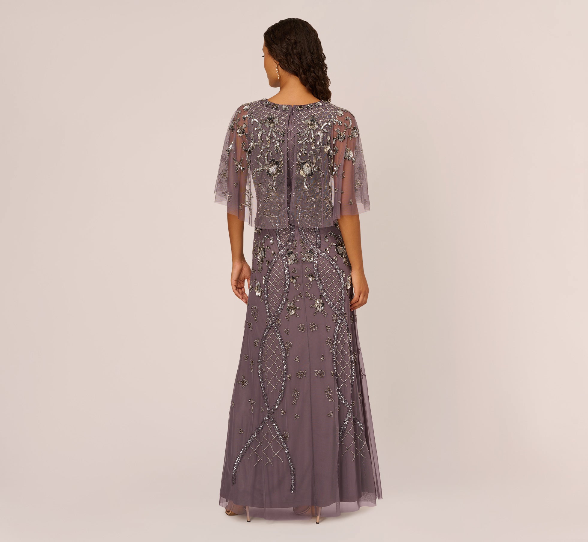 Sequin Beaded Evening Gown with Sheer Cape Sleeves - Elegant Moonscape Design for Prom, Gala & Formal Events
