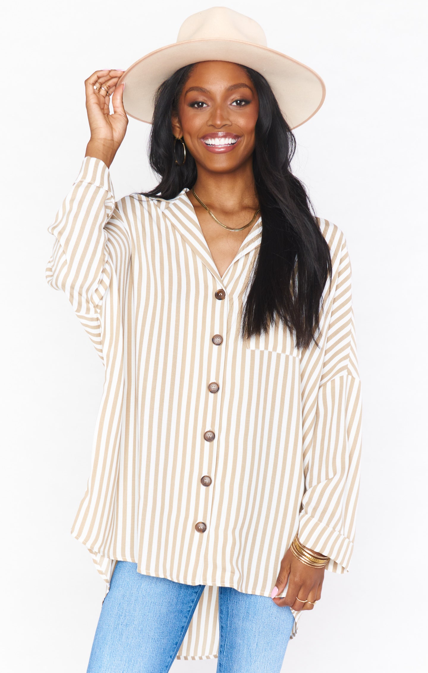 Lorolie Women's Beige Striped Tunic Top - Casual Everyday Wear for Work, Office & Outings