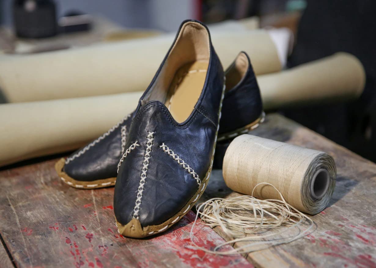 Authentic 100% Handmade Genuine Leather Women's Turkish Saracli Slippers - Lightweight & Breathable - Size 4.5 - Navy Blue - Perfect for Home, Spa & Indoor Comfort