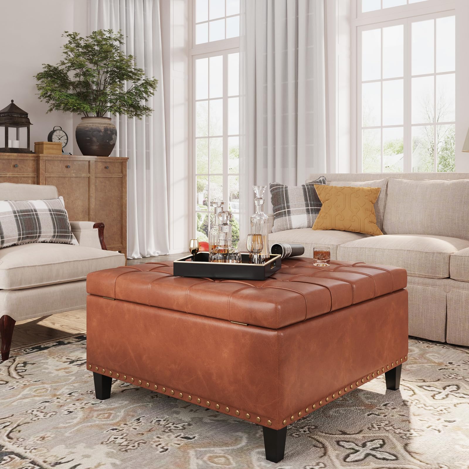 Square Leather Storage Ottoman with Lift Top - Large Upholstered Footrest Stool & Toy Box for Living Room, Bedroom - Brown Leather Coffee Table Ottoman | Perfect for Extra Seating, Storage & Home Decor