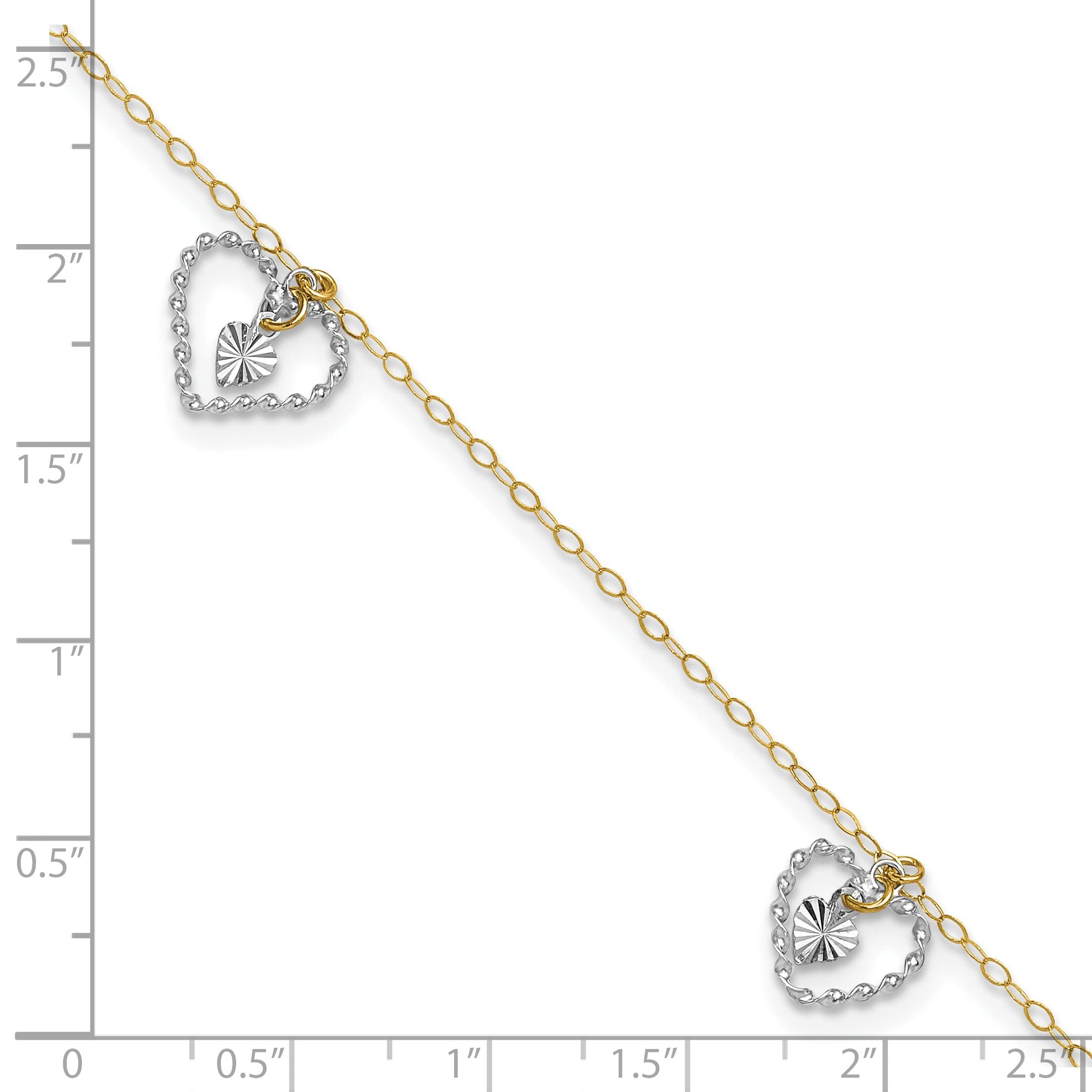 14K Gold Two-Tone Twisted & Diamond Cut Heart Anklet Bracelet - 9