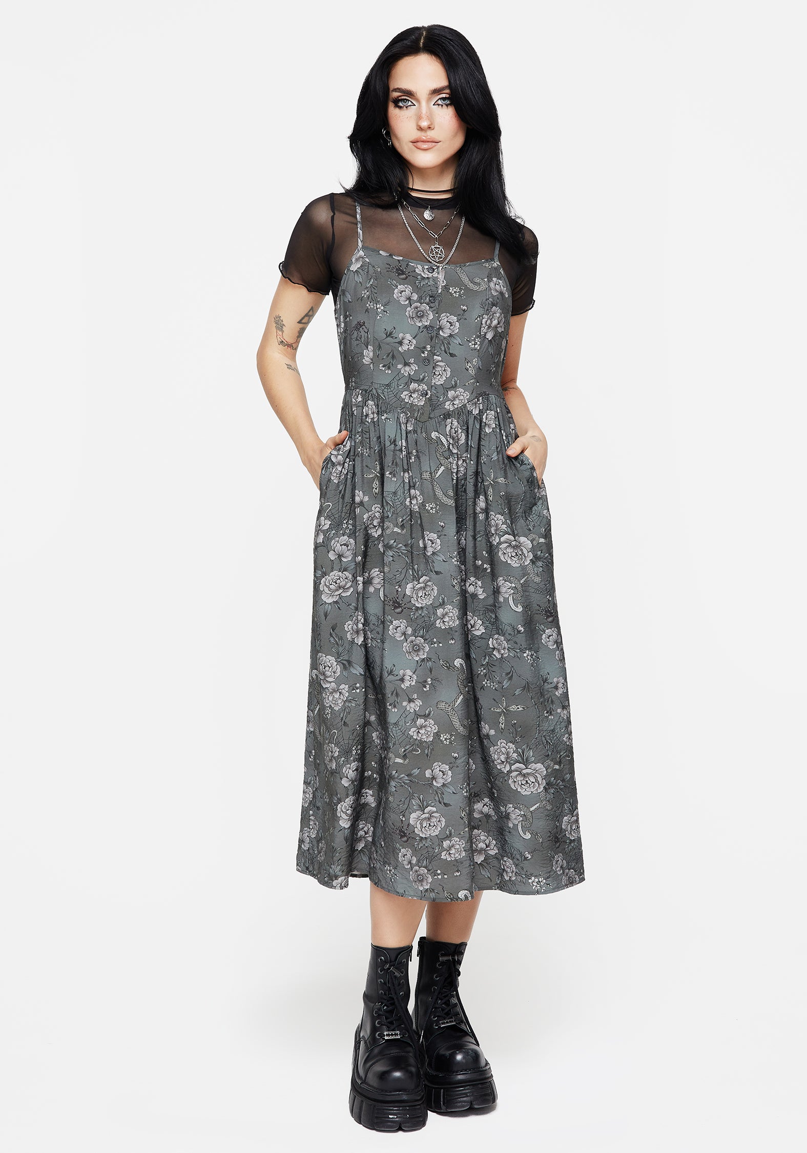 Floral Serpent Print Cami Midi Dress - Boho Summer Dress for Women, Beach Wedding Guest Outfit, Vacation & Party Wear