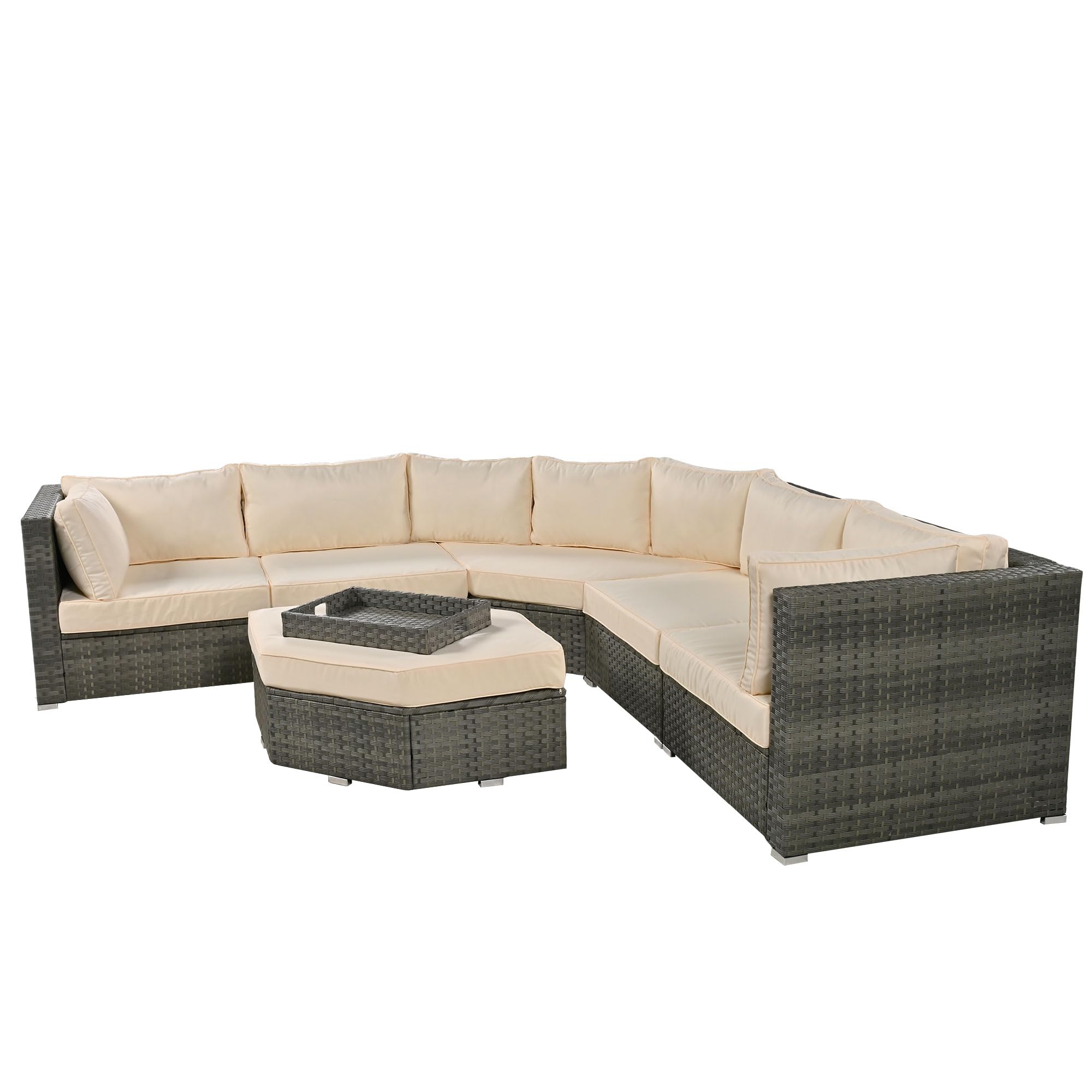 Harper & Bright Designs 6-Piece All-Weather Outdoor Patio Furniture Set - Rattan Wicker Sectional Sofa with Ottoman, Cushions & Trays in Beige - Perfect for Backyard, Garden, Poolside & Terrace Relaxation