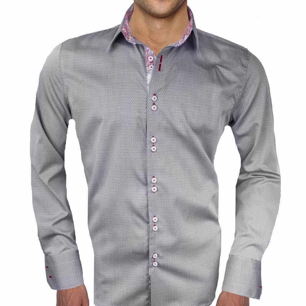 Premium Gray & Red Paisley Pattern Dress Shirts for Men | 100% Cotton Formal Business Attire | Made in USA | Perfect for Office, Weddings & Special Occasions