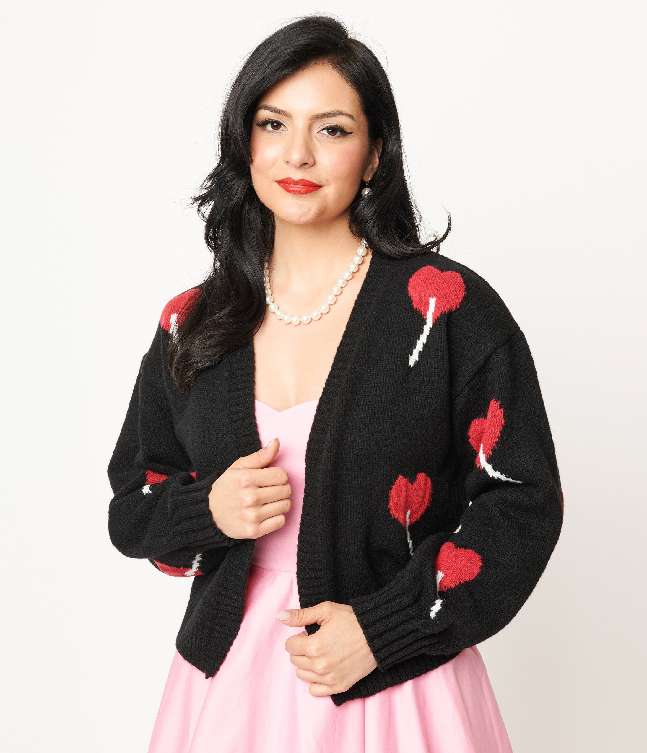 Magnolia Place Black Heart Lollipop Open Cardigan - Women's Stylish Lace-Up Knit Sweater for Casual Wear & Date Night Outfits