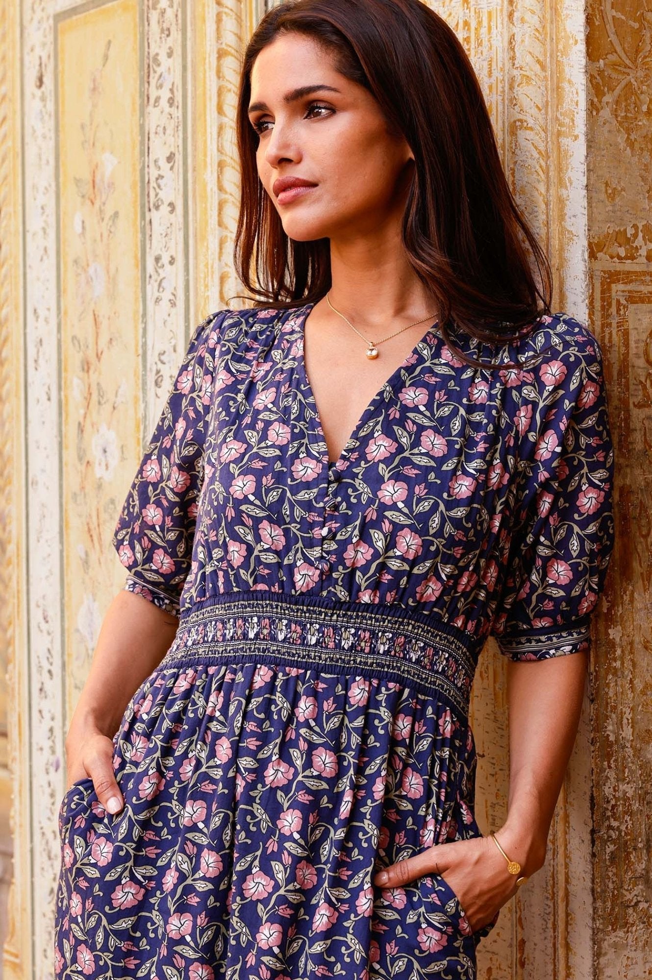 Billie Short Sleeve Organic Cotton Dress - Women's Floral Print Casual Sundress | Primrose Stamp Navy/Pink | Perfect for Summer Outings, Beach Vacations & Brunch Dates