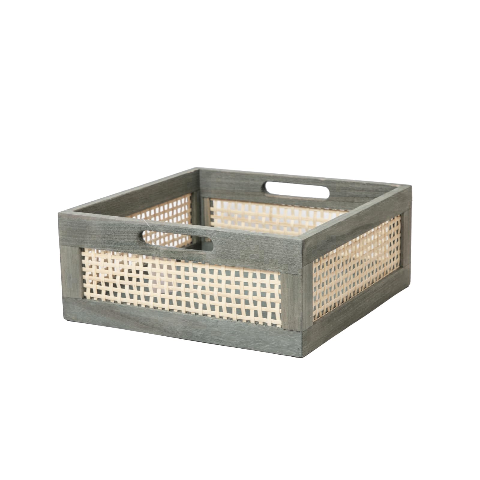 Grey Wooden Storage Baskets with Handles - Square Bamboo Organizer Bins for Shelves, Toys & Towels | Decorative Home Storage Solution for Bedroom, Bathroom & Living Room | Empty Gift Basket (Grey)