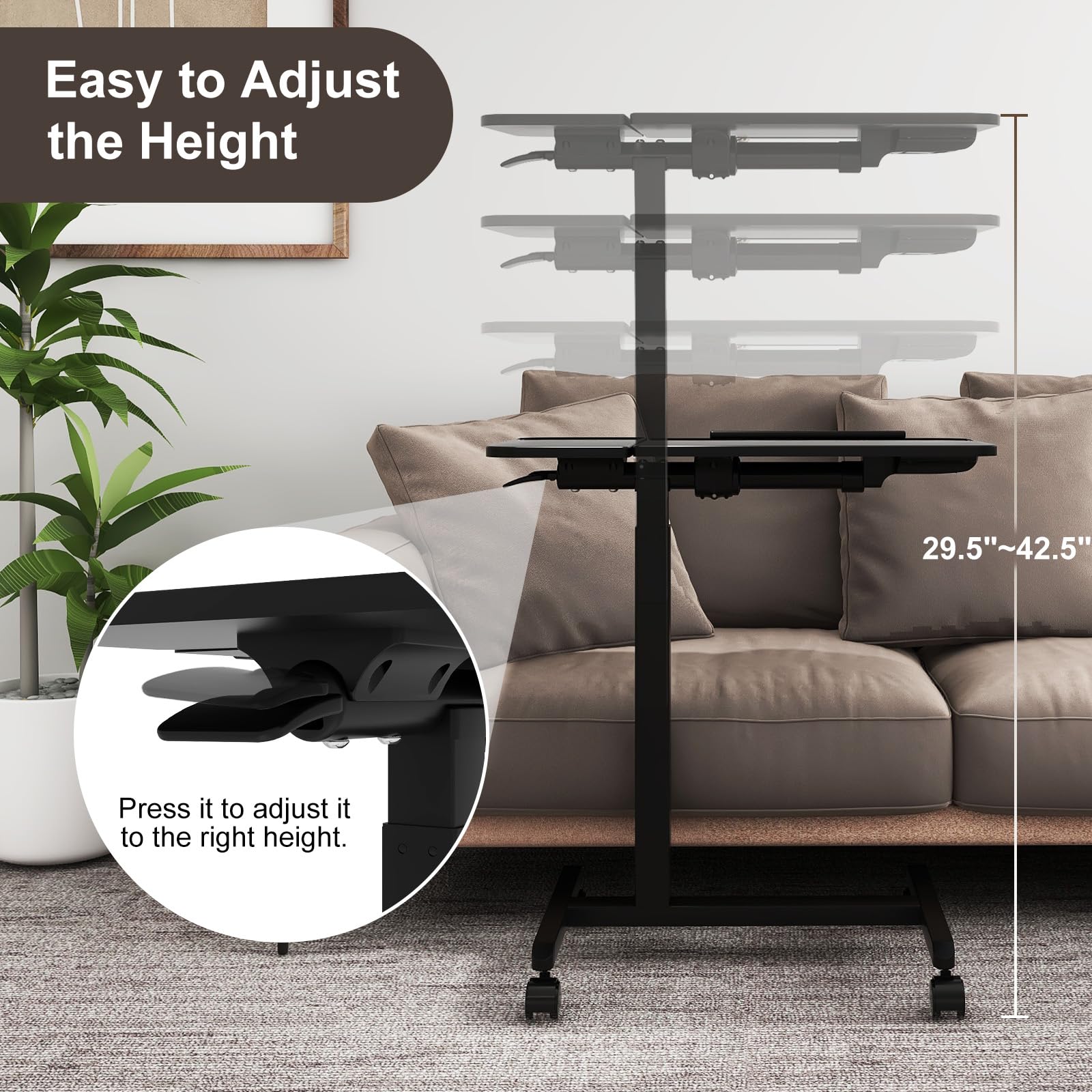 Adjustable Overbed Table with Wheels - Portable Rolling Laptop Desk for Bed, Sofa & Hospital Use - Mobile Computer Cart & Side Table for Home, Office & Patient Care