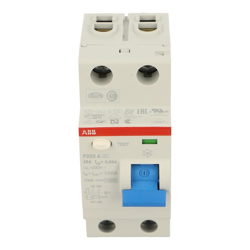 ABB 2CSF202101R1250 2P RCD 25A 30mA Residual Current Circuit Breaker - F202A-25/0.03 for Home & Industrial Electrical Safety Protection