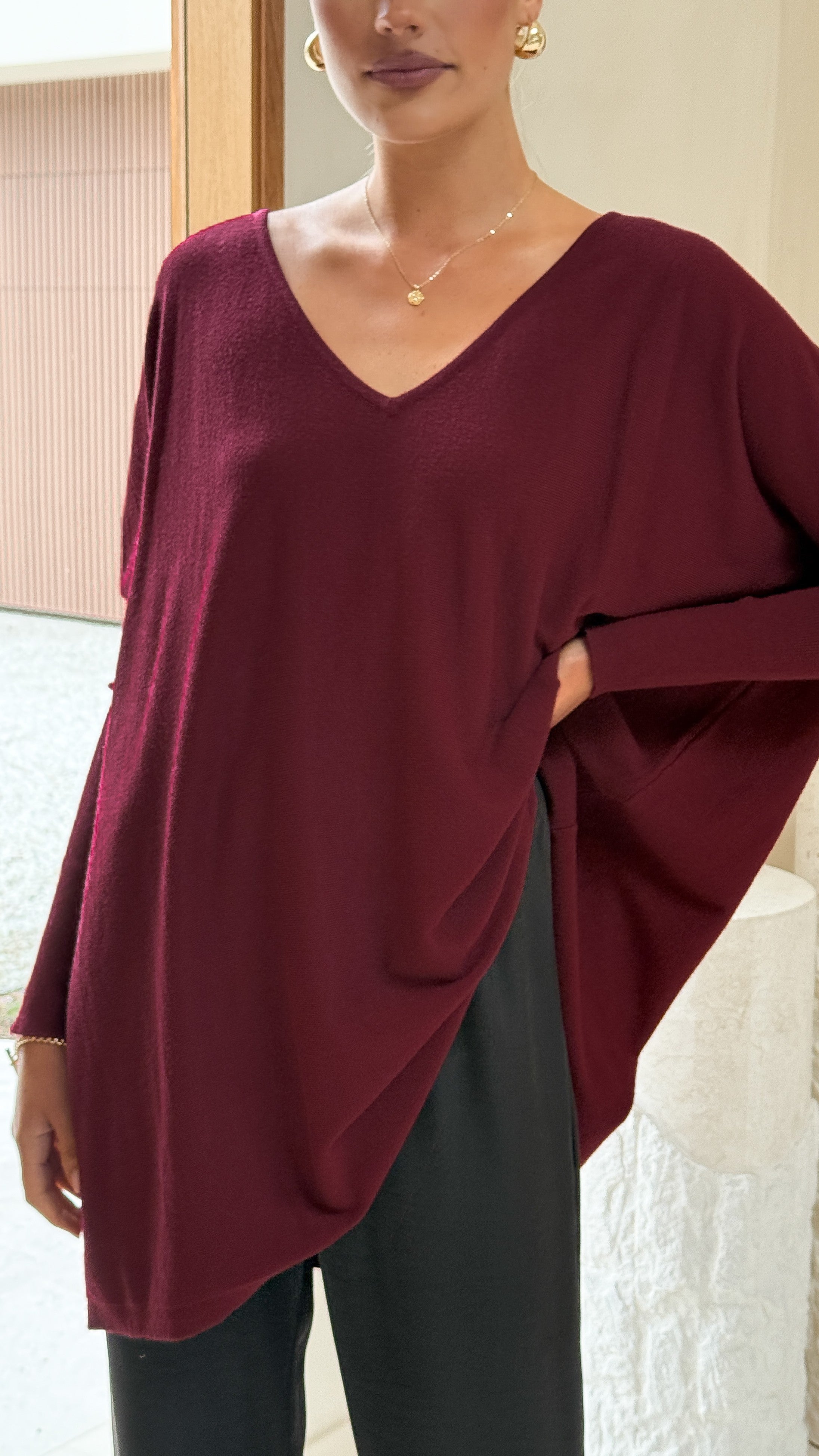 Amalia Knit Top Women's Burgundy V-Neck Long Sleeve Casual Blouse for Work & Everyday Wear