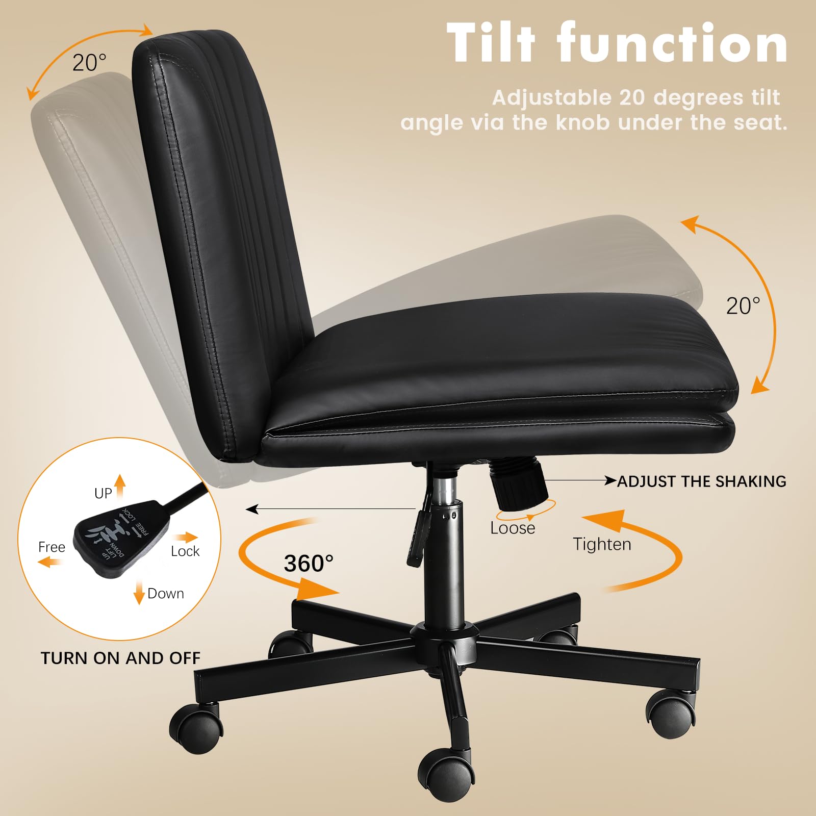 LEMBERI Armless Office Desk Chair with Wheels - Faux Leather Cross Legged Wide Swivel Chair, Mid Back Computer Task Chair for Home Office, Small Space, Bedroom - Ergonomic Comfort for Work, Study & Makeup (Black)