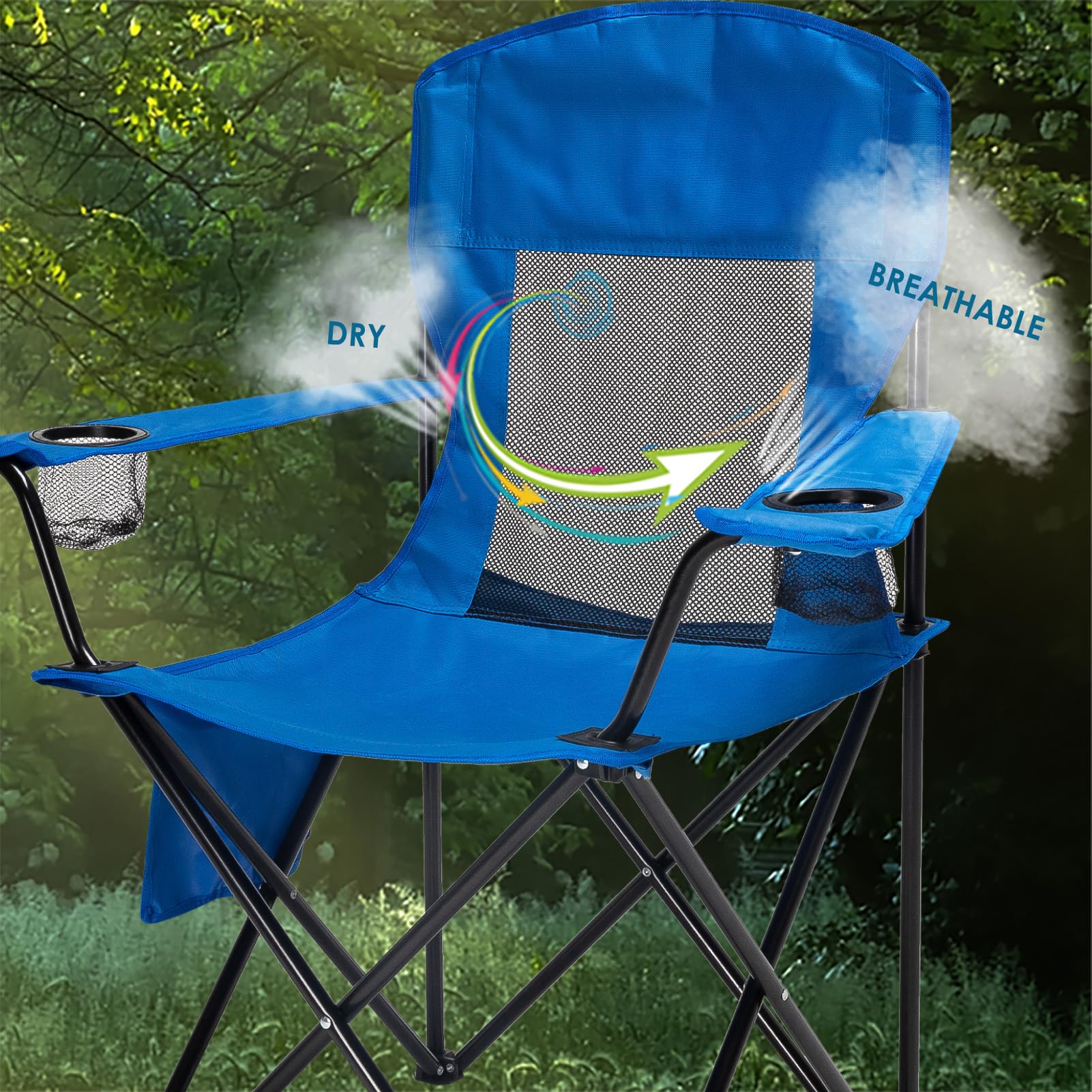 **Portable Folding Camping Chair with Cooling Mesh Back - Adjustable Armrests, 2 Cup Holders & Side Pocket - Heavy Duty 300lbs Capacity for Outdoor, Lawn, Concert & Sports - Includes Carry Bag (Blue Mesh)**