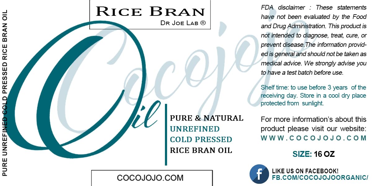 Dr Joe Lab Rice Bran Oil 16 oz - Pure Natural Cold Pressed Unrefined Extra Virgin - Hair, Skin, Body, Nail & Beard Care - Moisturizing, Soothing, Hydrating & Nourishing - Perfect for Massage, DIY Beauty & Cooking