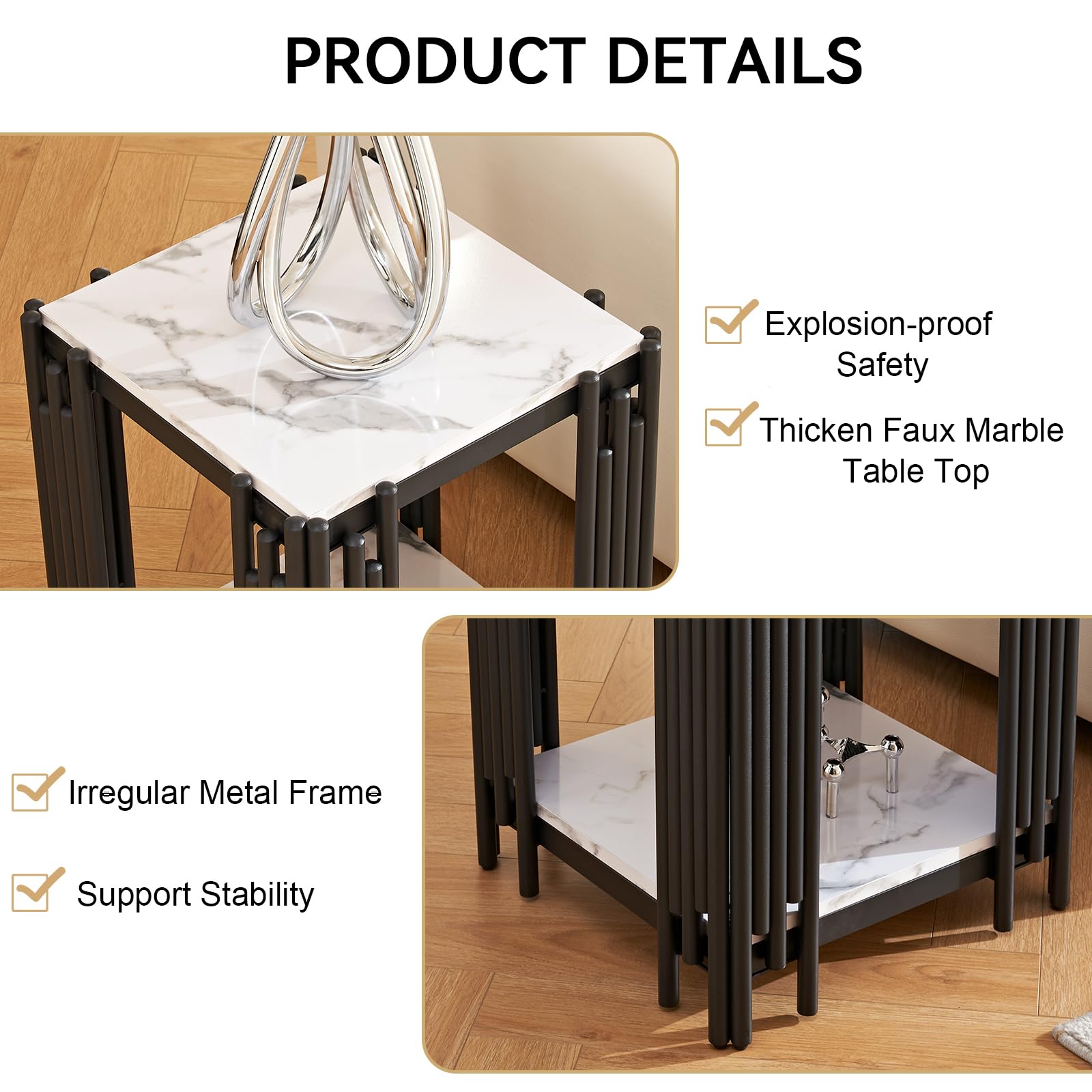 3-Piece White Faux Marble Coffee Table Set with Black Metal Frame - Modern Living Room Table Set Includes Coffee Table & 2 End Tables - Perfect for Living Room, Office, Apartment & Small Spaces