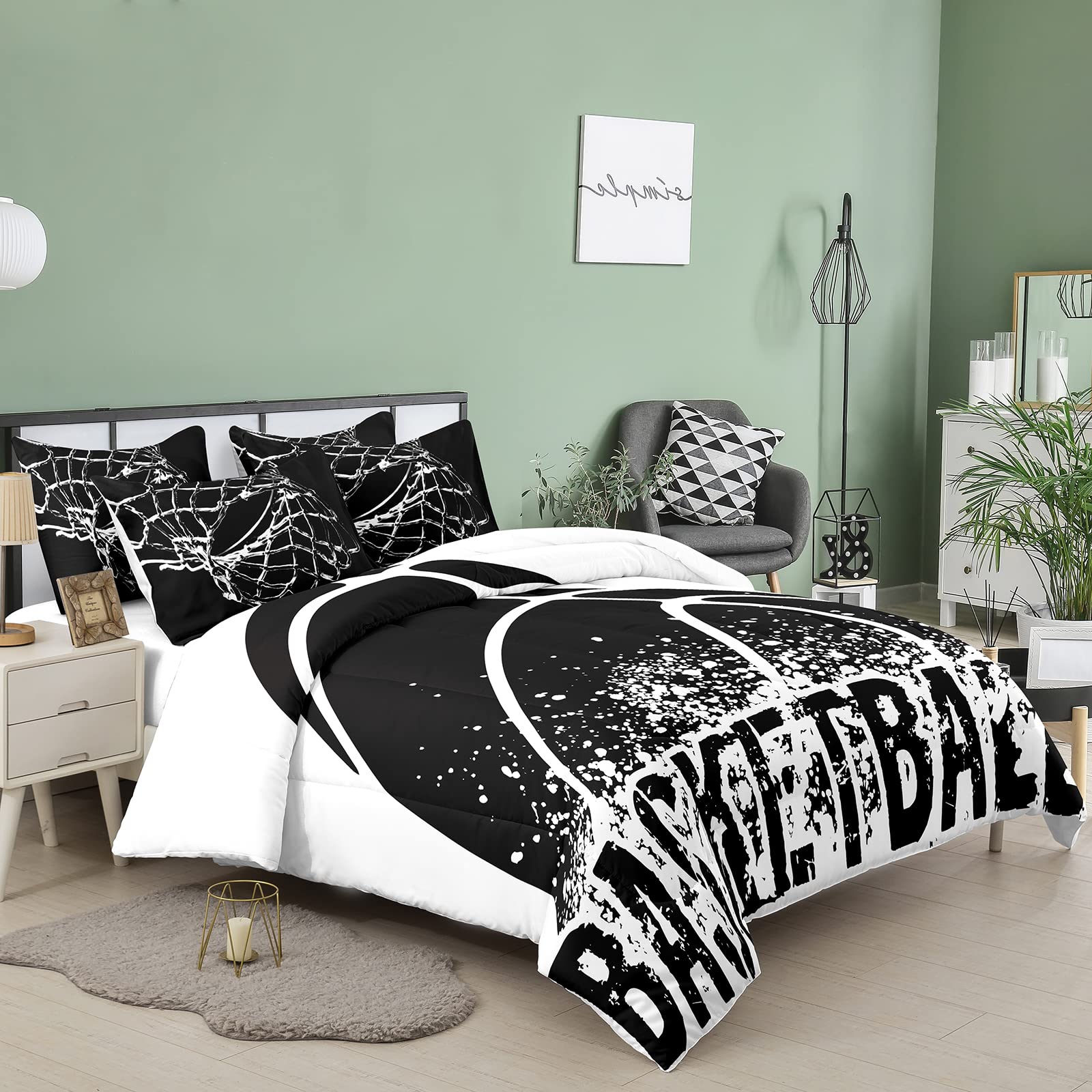 Basketball Print Comforter Set King Size - Black and White 3-Piece Bedding with 2 Pillowcases for Kids, Teens & Boys | Perfect for Sports-Themed Bedrooms, Dorm Rooms & Gift Ideas