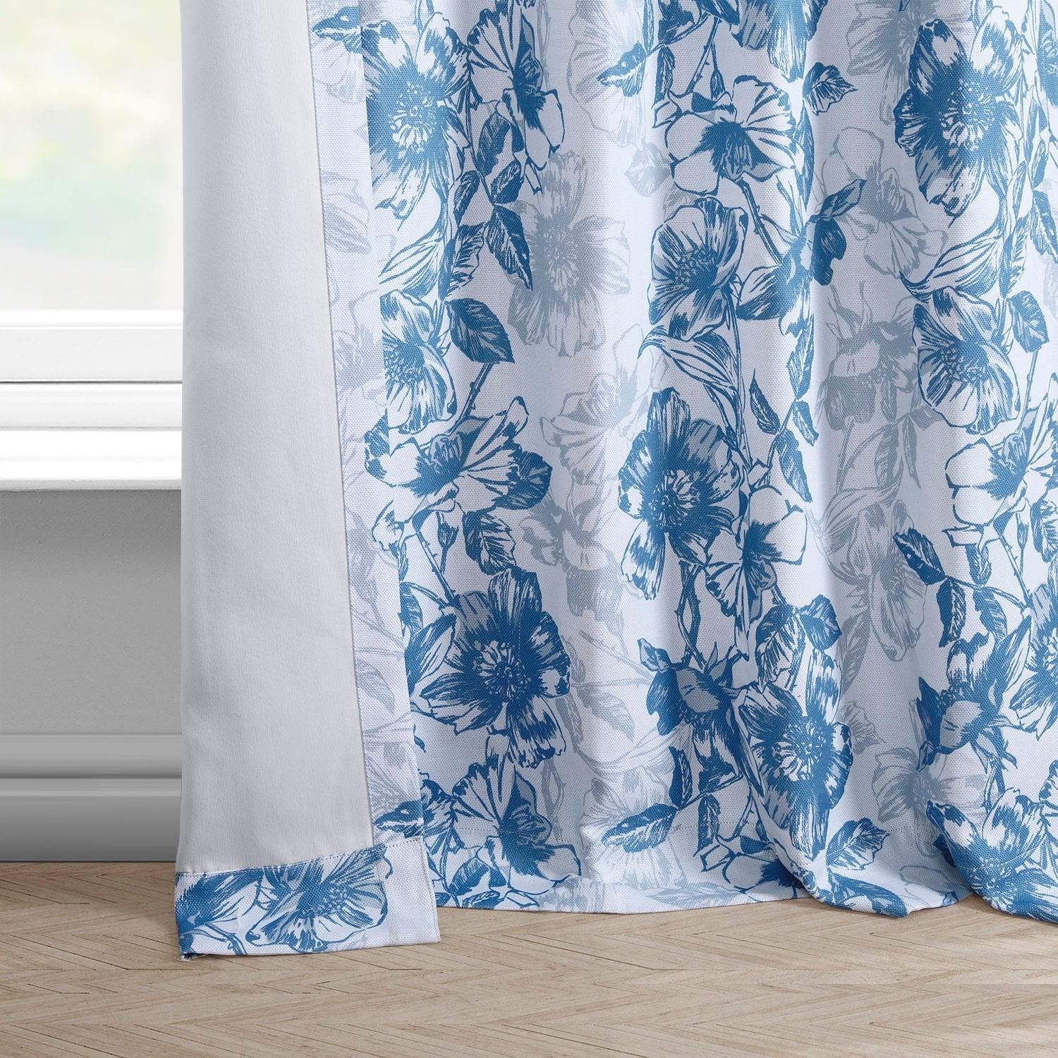 Blue Poppy Floral Printed Faux Linen Blackout Curtains for Bedroom & Living Room - Light Blocking Window Drapes for Home Decor