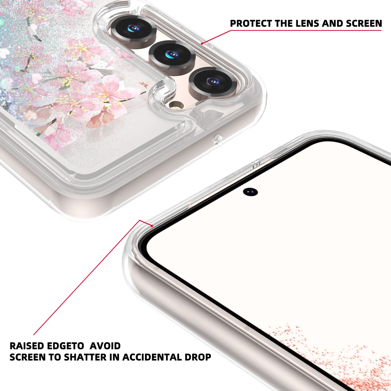 Samsung Galaxy S23 Case - Sparkle Glitter Shockproof Clear Cover with Floating Sakura Quicksand Design | Cute Bling Phone Case for Women & Girls | Perfect for Everyday Use, Parties & Gift Giving (Silver)