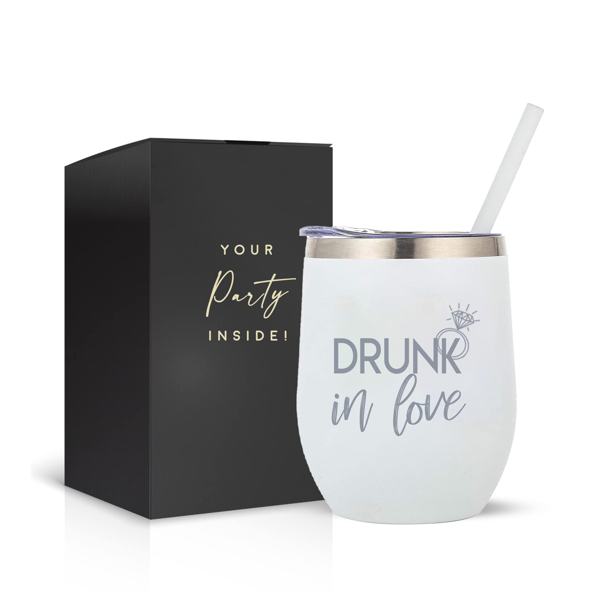 Drunk In Love Bride Stainless Steel Tumbler 12oz with Lid & Straw - Insulated Wine Cup for Engagement, Bachelorette & Wedding - Perfect Gift for Future Brides, Bridal Showers & Newlyweds - Great for Parties, Honeymoons & Romantic Celebrations