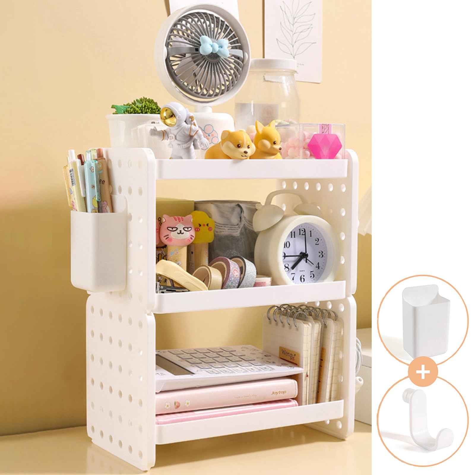 3-Tier White Plastic Desktop Organizer Shelf with Pen Holder - Office Desk Pegboard Storage for Stationery, Supplies & Accessories - Perfect for Home, Office, Dorm & Workspace Organization