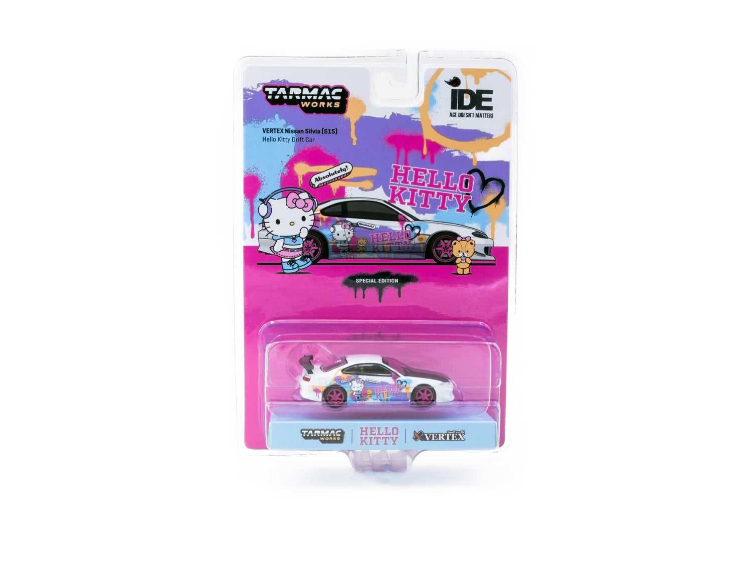 Tarmac Works 1/64 Scale VERTEX Nissan Silvia S15 Hello Kitty Drift Car - IDE Special Edition Diecast Model for Collectors - Perfect for Display, Racing Enthusiasts, and Gift Giving