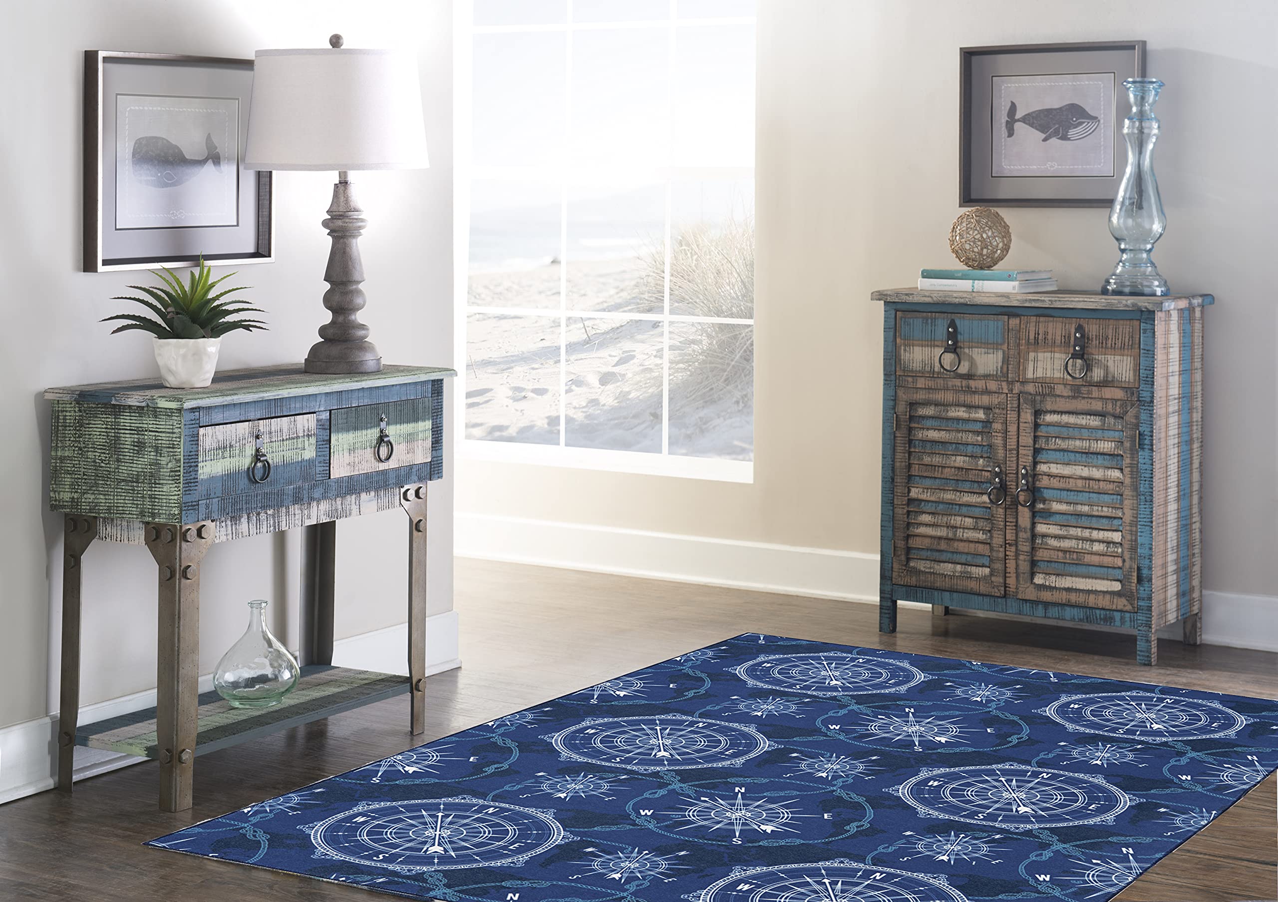Linon The Anywhere Washable Rug - Velmer Blue & Ivory 5' x 7' Area Rug | Stain Resistant & Machine Washable | Perfect for Living Room, Bedroom, or Office Decor