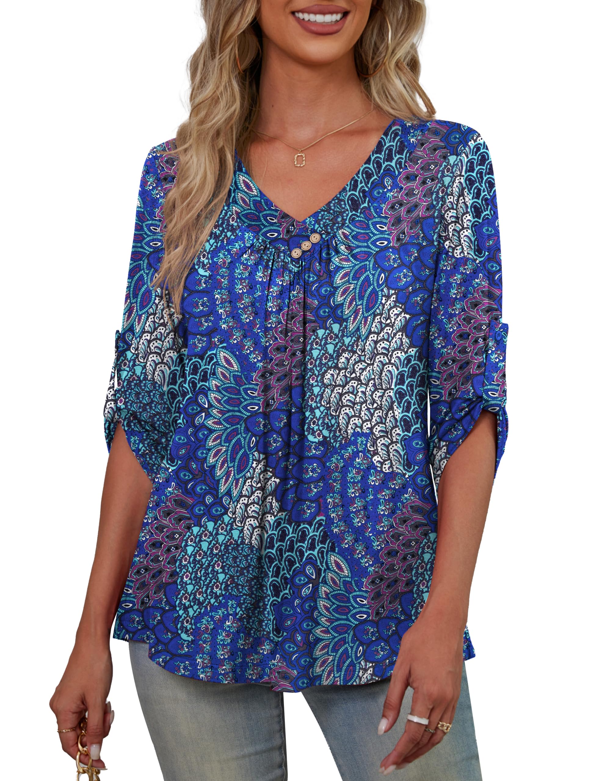 FOLUNSI Women's Plus Size 3/4 Roll Sleeve Blouse V-Neck Casual Tunic Top for Work, Office & Everyday Wear | Flowy Loose Fit Tops for Women