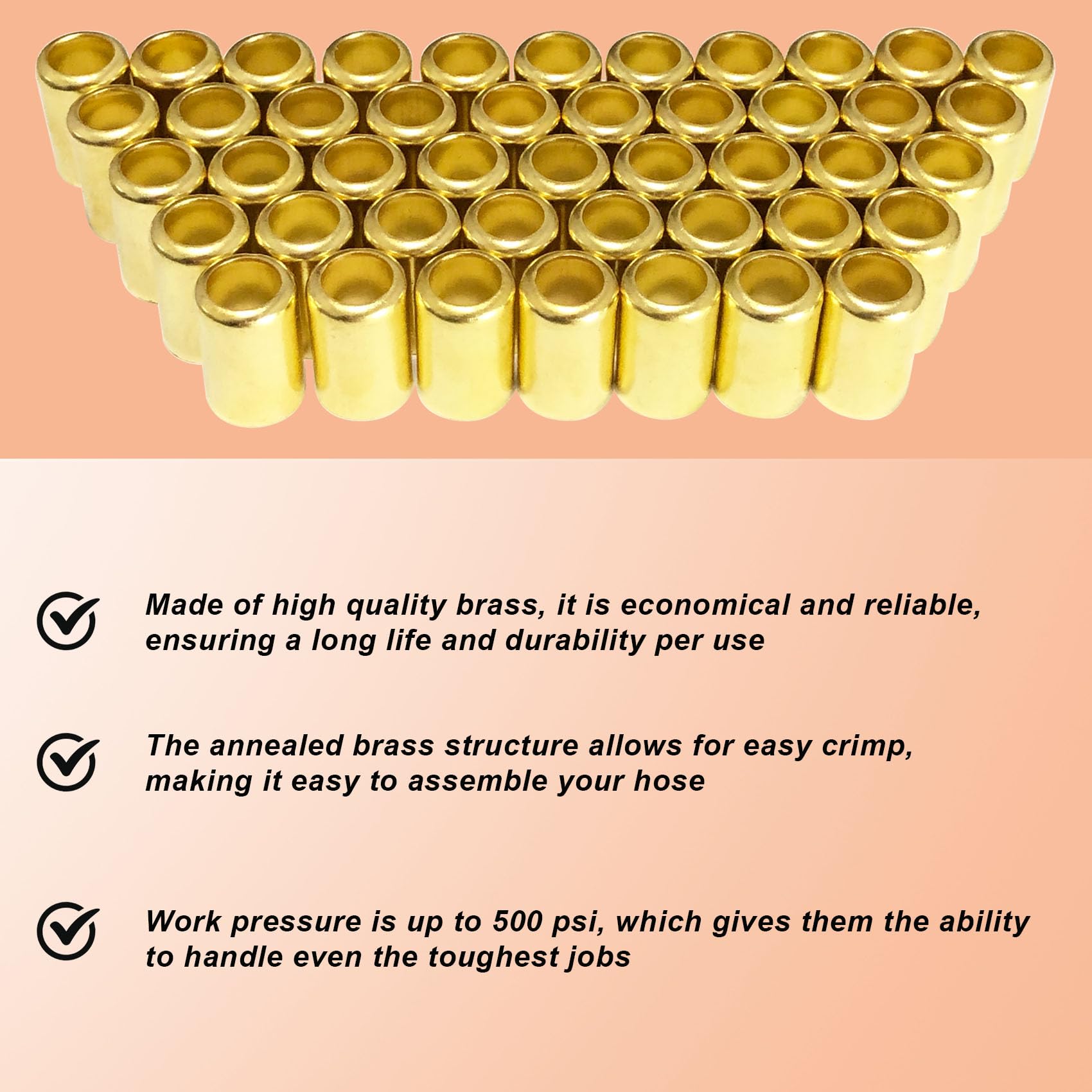 50PCS 7327 Brass Hose Ferrules, 0.625in ID x 1in Long Air Hose Repair Fittings for Torch, Acetylene & Hydraulic Hoses - Compatible with Hose Crimper Tool Kit - Perfect for Industrial, Automotive & Plumbing Applications