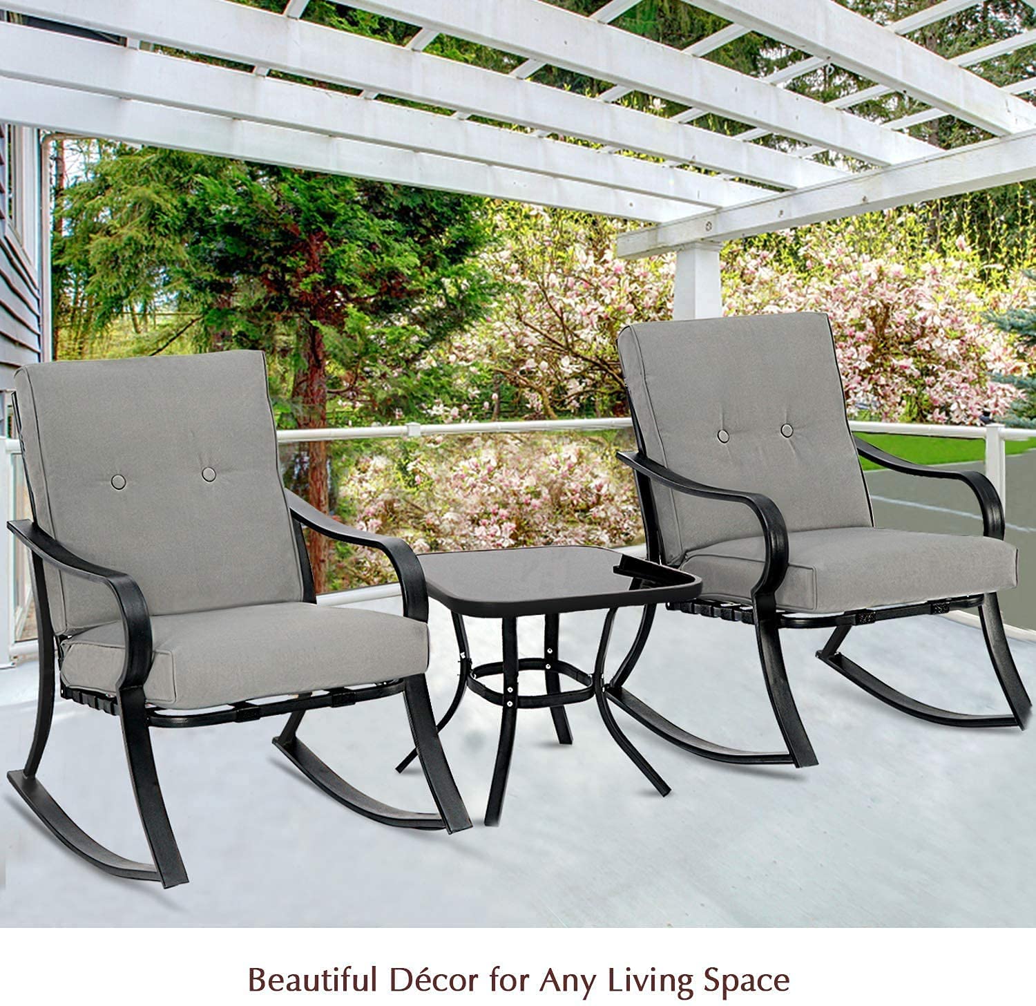 Betterland Outdoor 3-Piece Patio Furniture Set - Rocking Chairs with Thickened Cushions & Glass-Top Coffee Table - Black Metal Bistro Set (Grey) - Perfect for Garden, Backyard, Porch and Balcony Relaxation