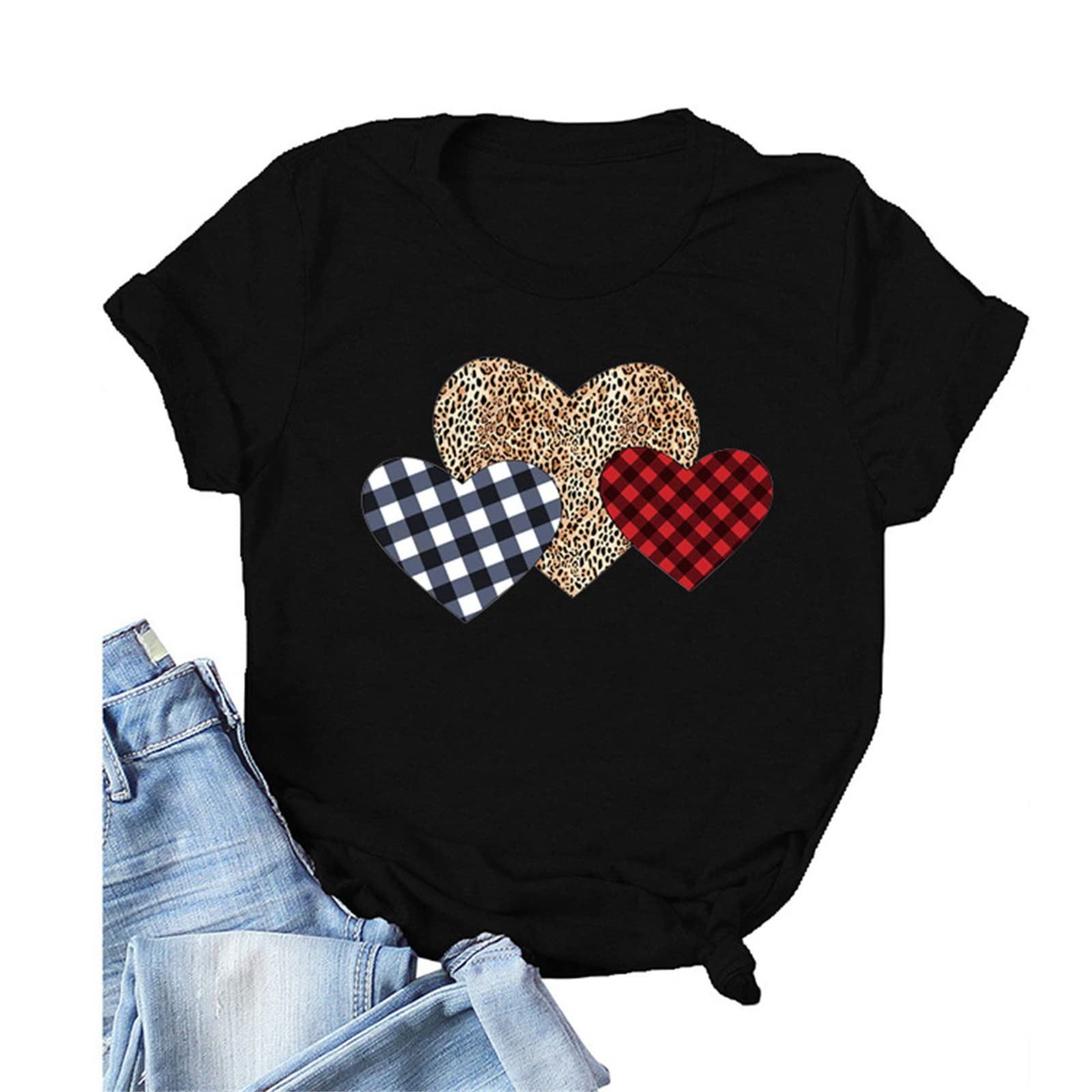 Valentine's Day T-Shirts for Women - Cute Buffalo Plaid Love Heart Graphic Tee Shirts & Tops | Perfect for Valentine's Date, Couple Outfits & Romantic Gifts