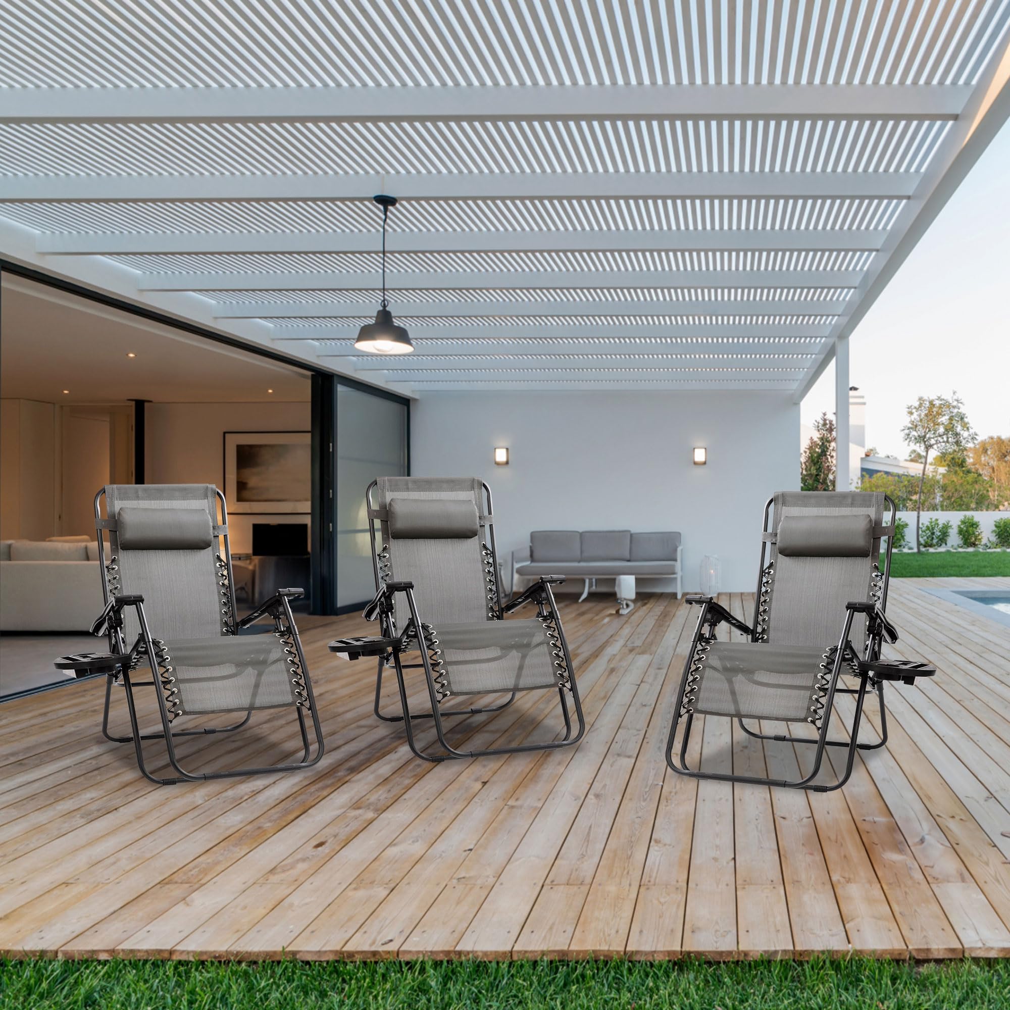 Sunny Isles XL Zero Gravity Outdoor Patio Reclining Chair - Steel Frame Comfortable Lounge Seating Furniture Set (3 Pack, Gray) - Perfect for Backyard, Poolside & Beach Relaxation