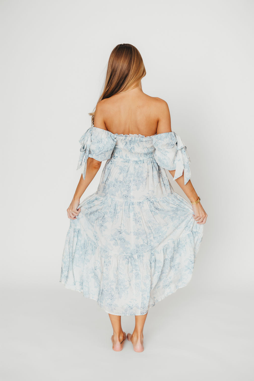 Elena Floral Print Smocked Midi Dress in Blue - Bump Friendly Maternity Dress & Inclusive Sizing for Women - Perfect for Baby Showers, Bridal Events & Summer Weddings