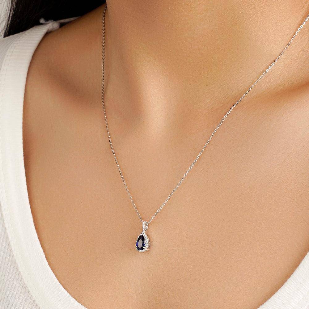 1 Carat Pear Shaped Blue Sapphire Pendant Necklace with Pavé Diamond Halo - Elegant Jewelry Gift for Women, Perfect for Weddings, Anniversaries & Special Occasions